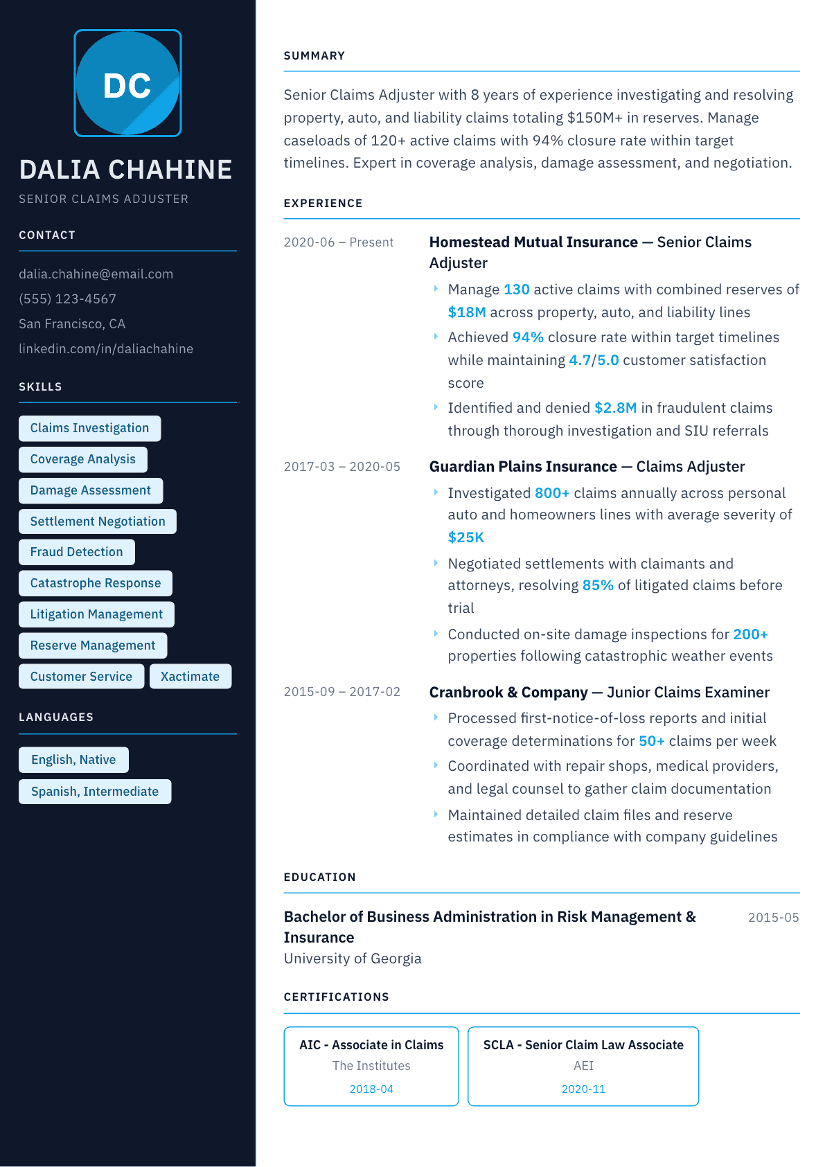 Claims Adjuster resume example, Everest template
