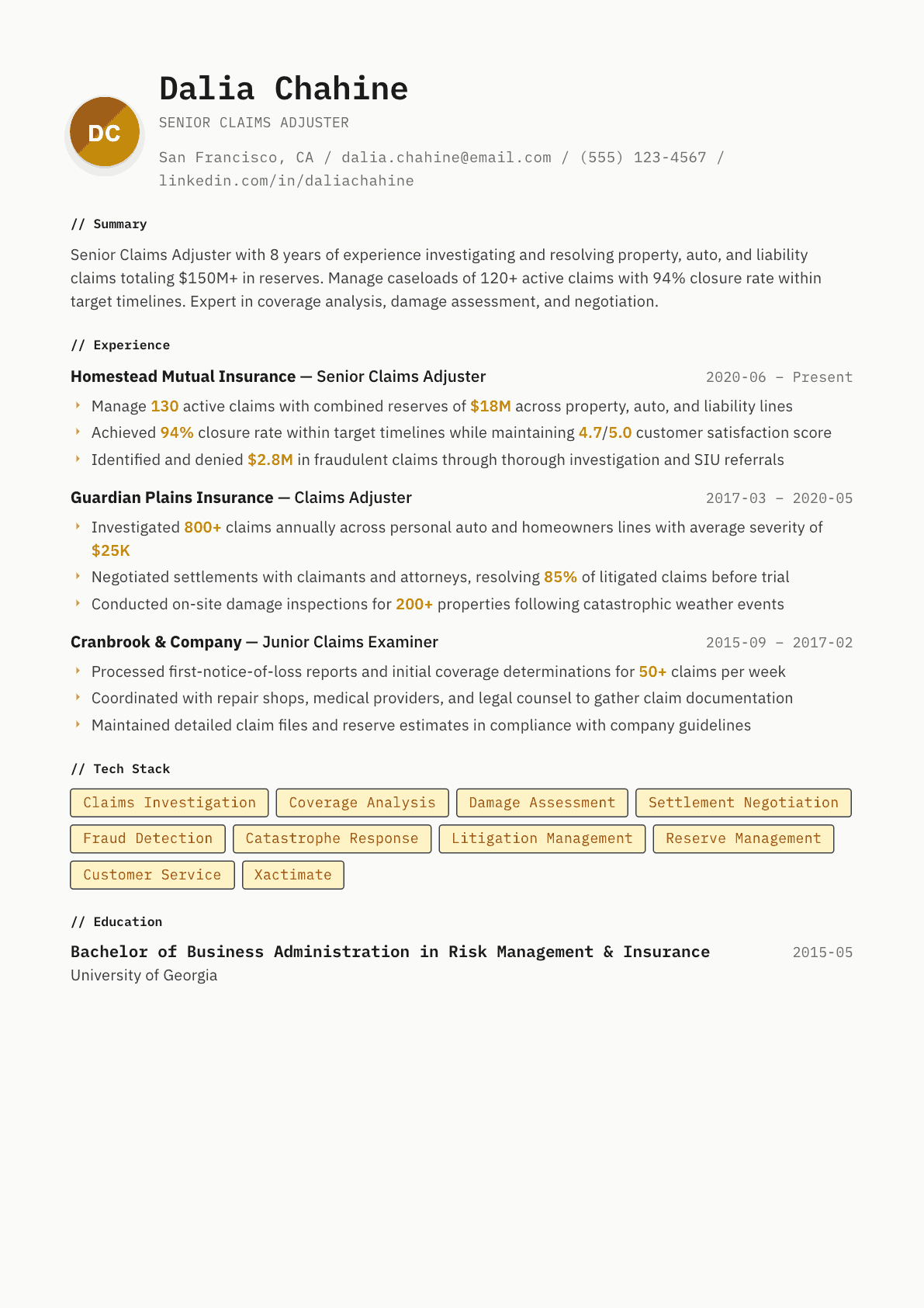 Claims Adjuster resume example, Inkwell template