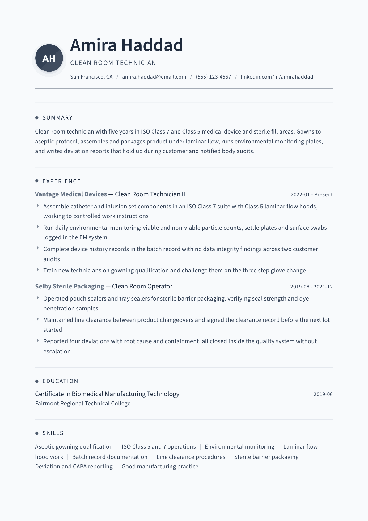 Clean Room Technician resume example, Thread template