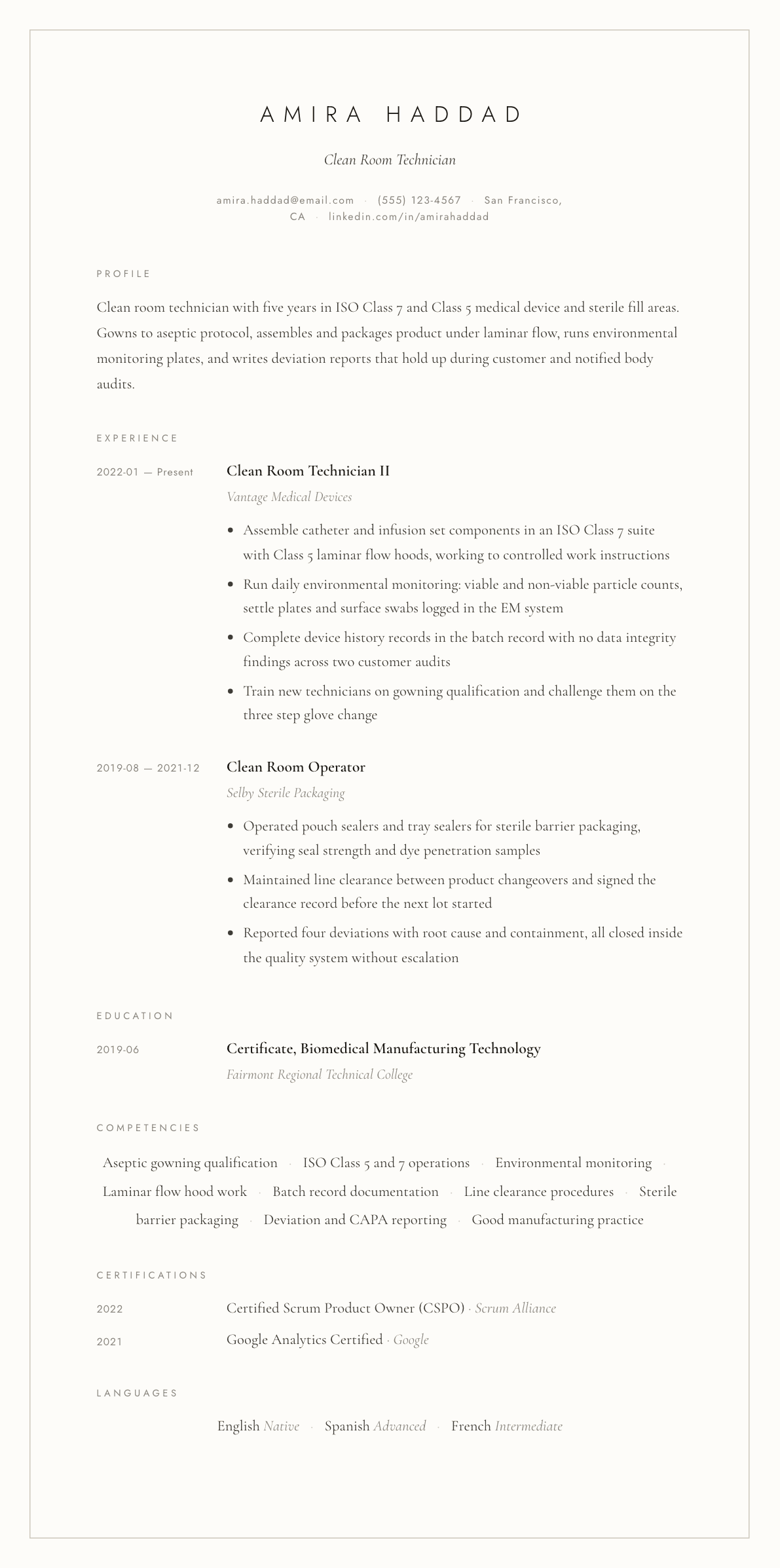 Clean Room Technician resume example, Vellum template