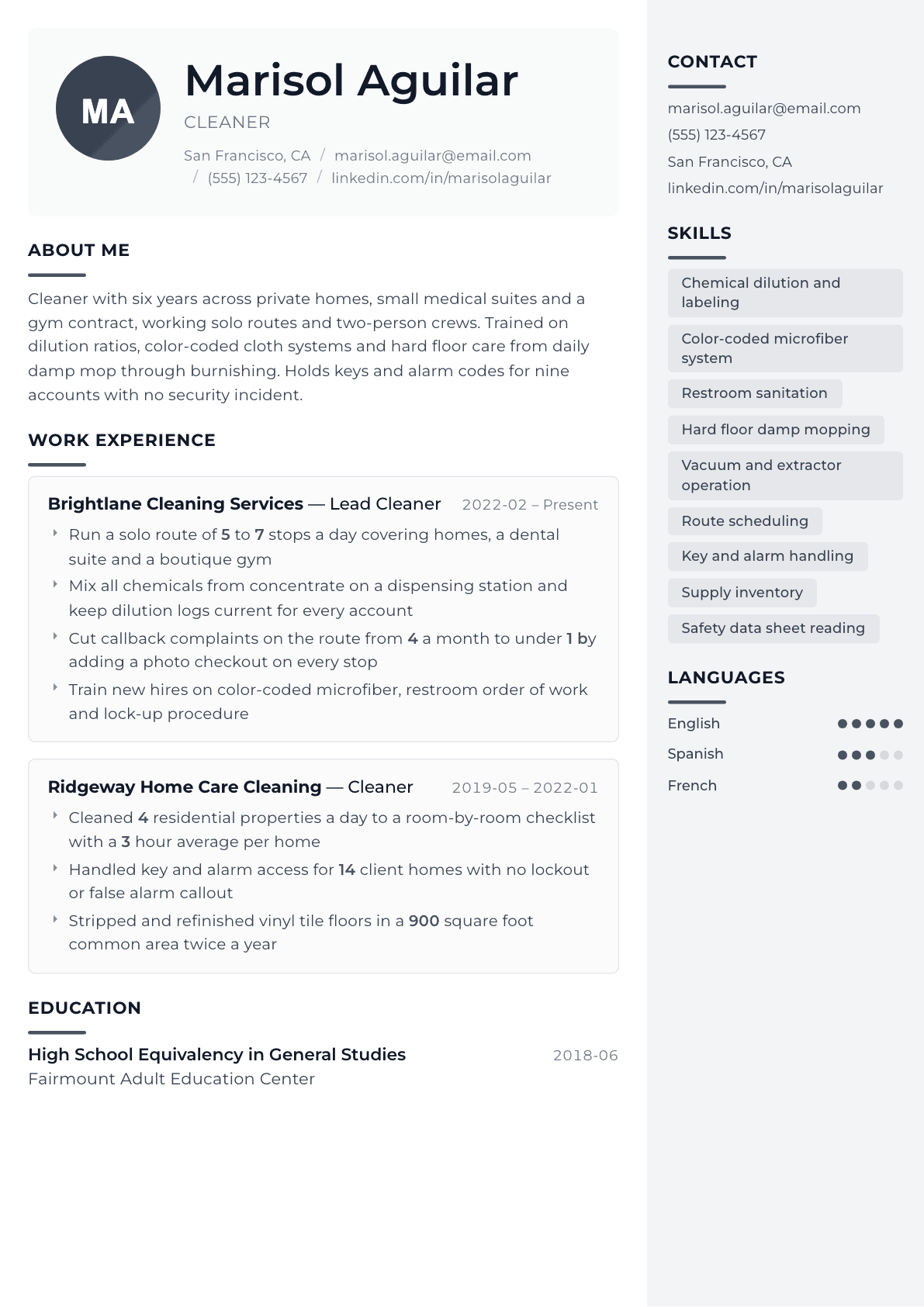 Cleaner resume example, Metropolitan template