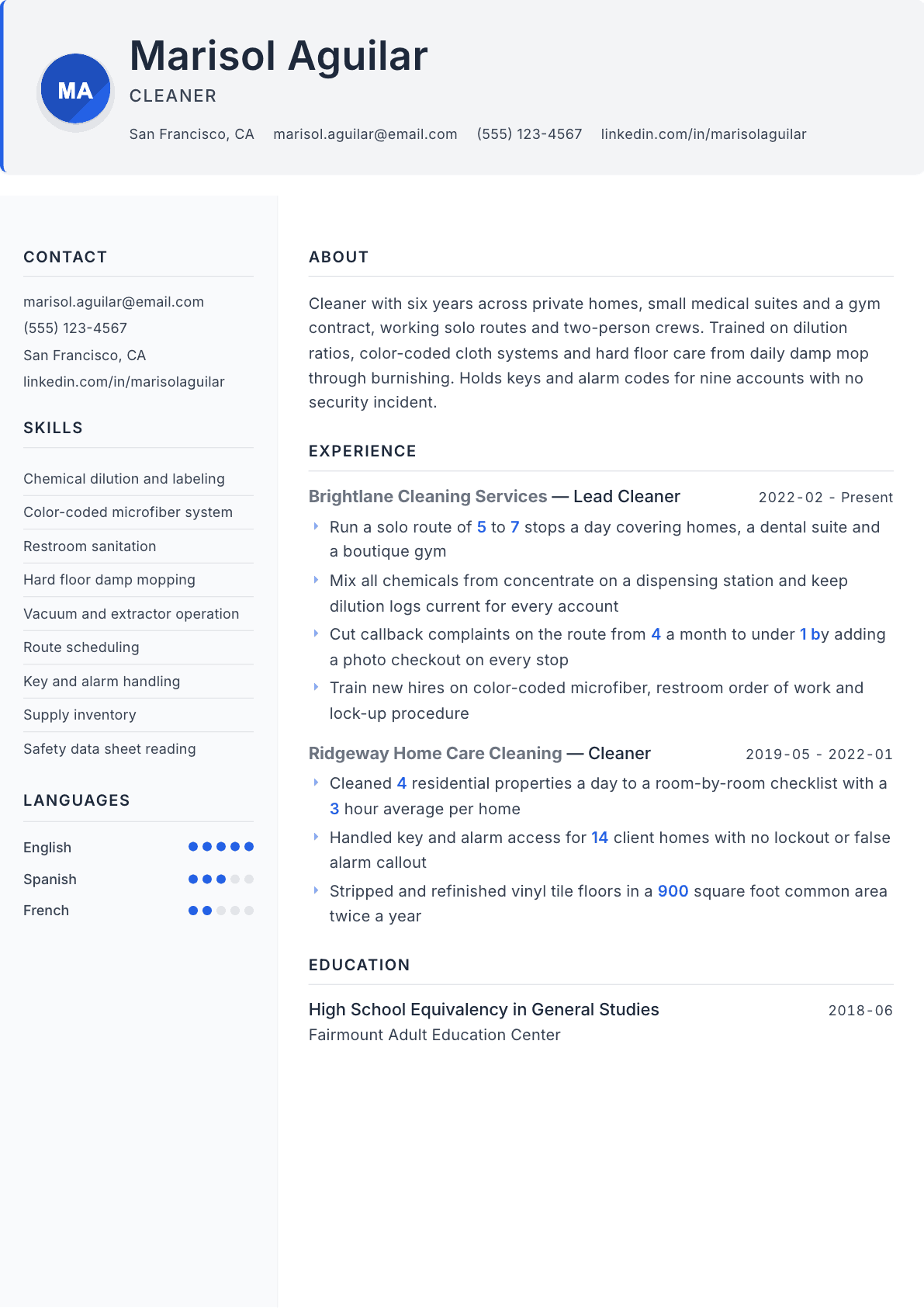 Cleaner resume example, Paper template