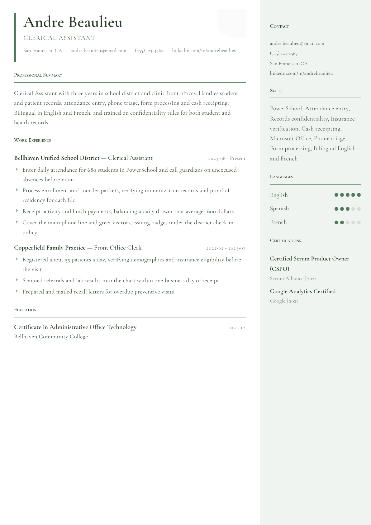 Clerical Assistant resume example, Copenhagen template