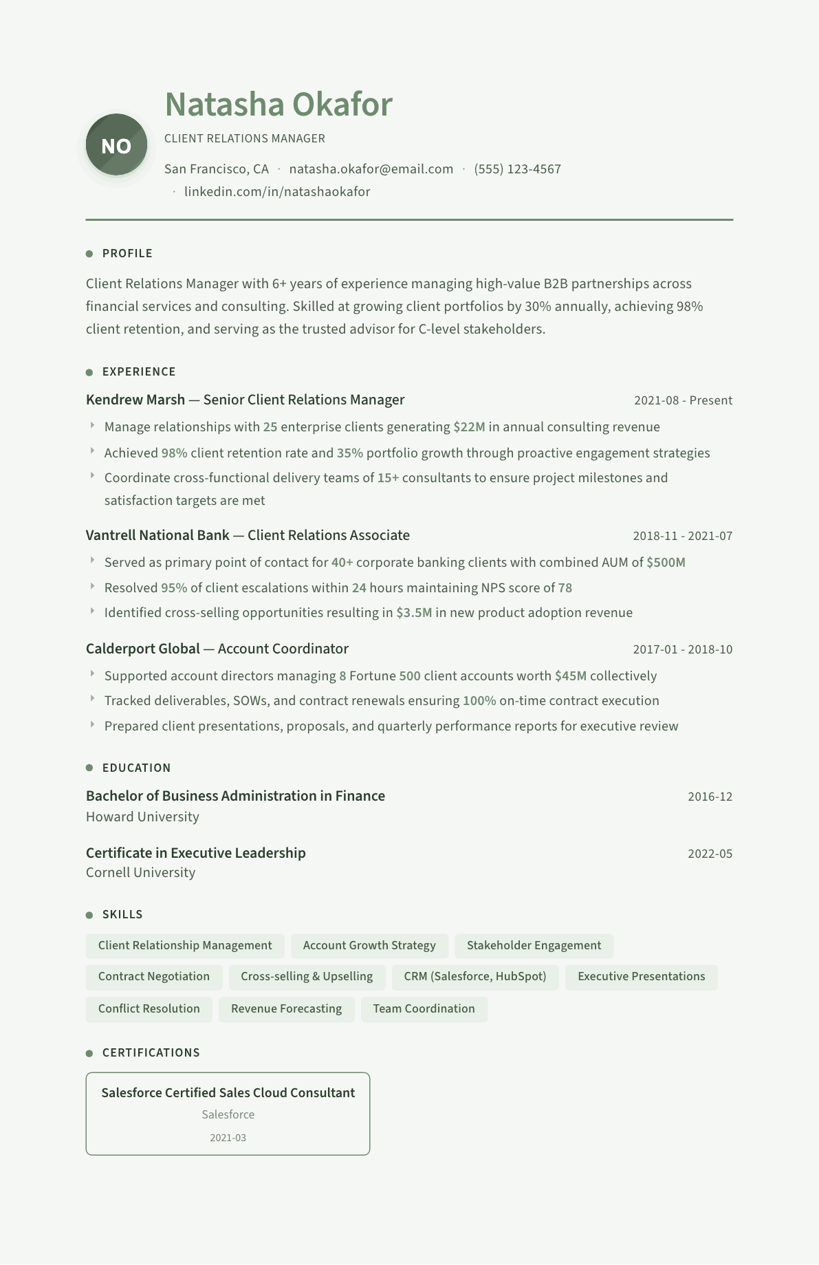 Client Relations Manager resume example, Sage Garden template