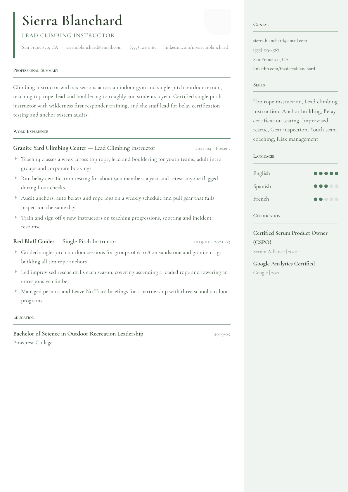 Climbing Instructor resume example, Copenhagen template