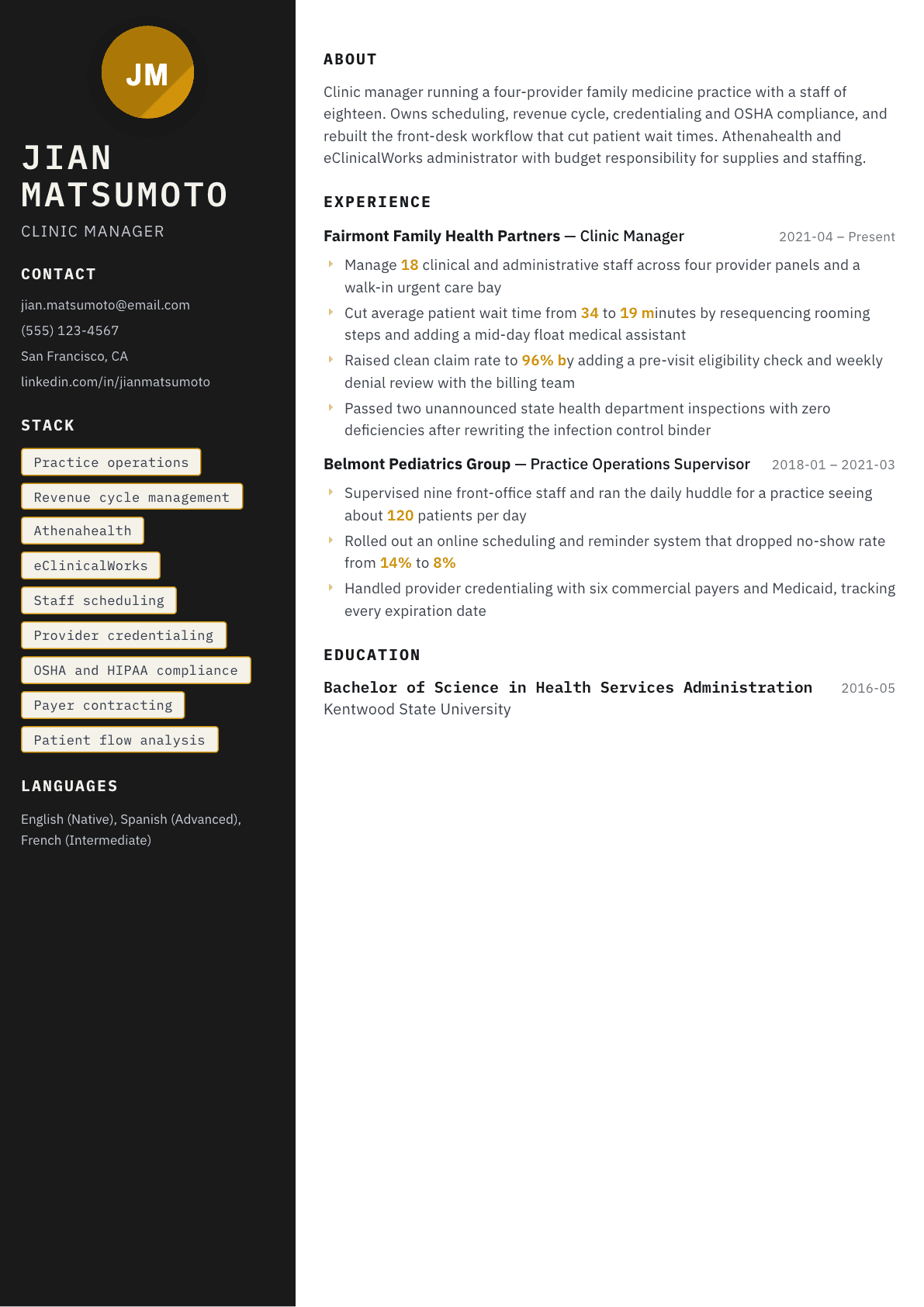 Clinic Manager resume example, Neon template