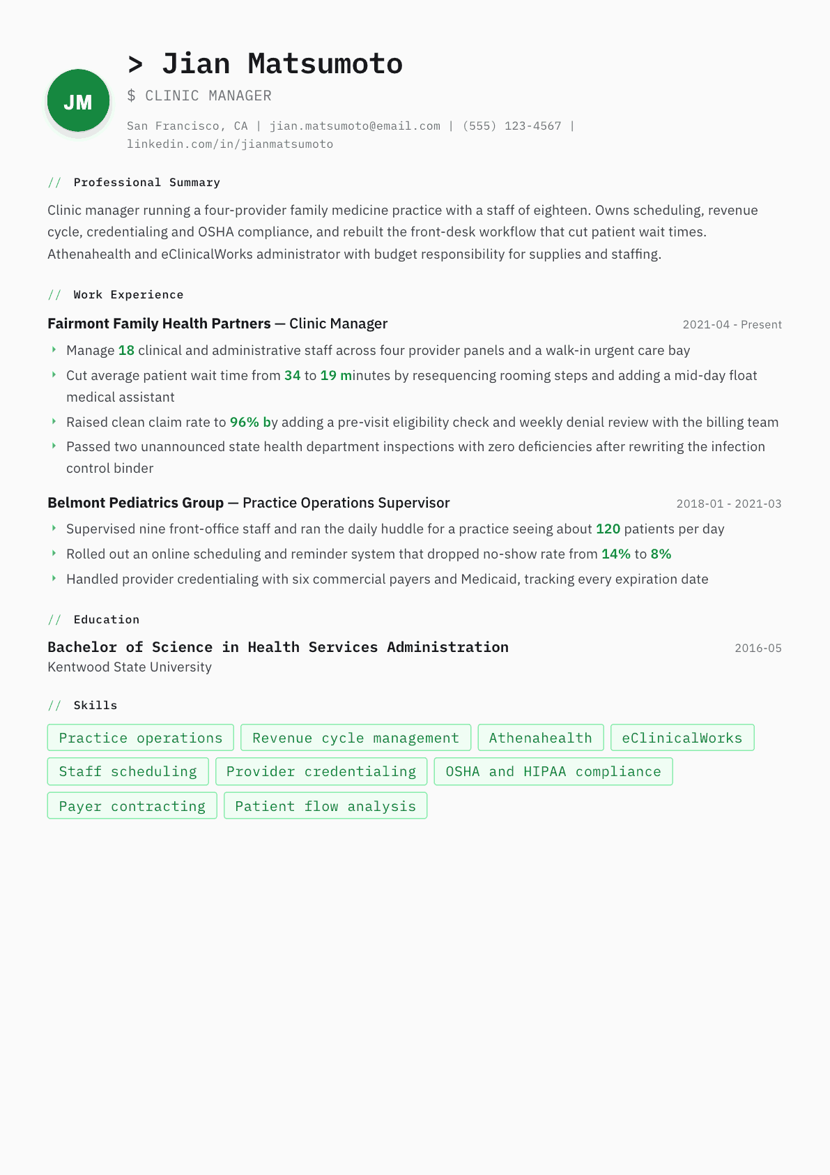 Clinic Manager resume example, Amsterdam template