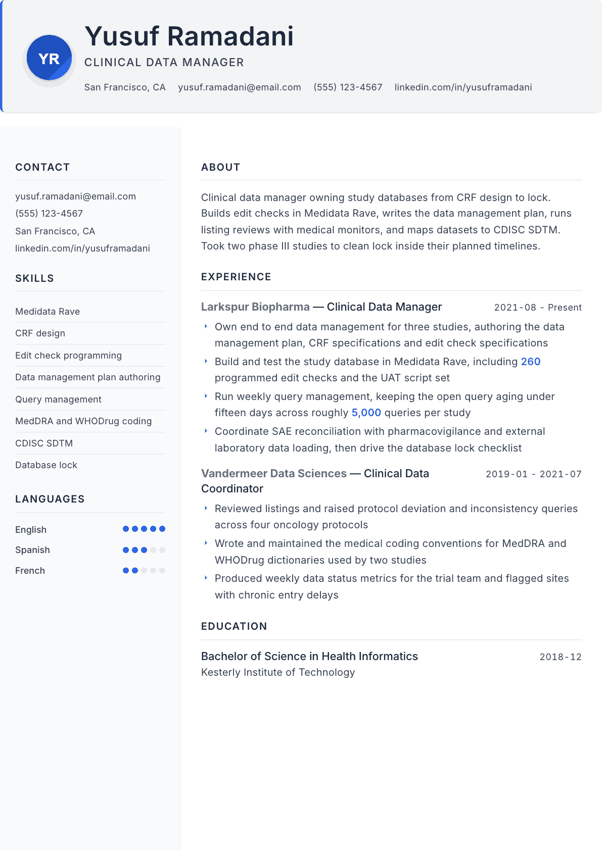 Clinical Data Manager resume example, Paper template