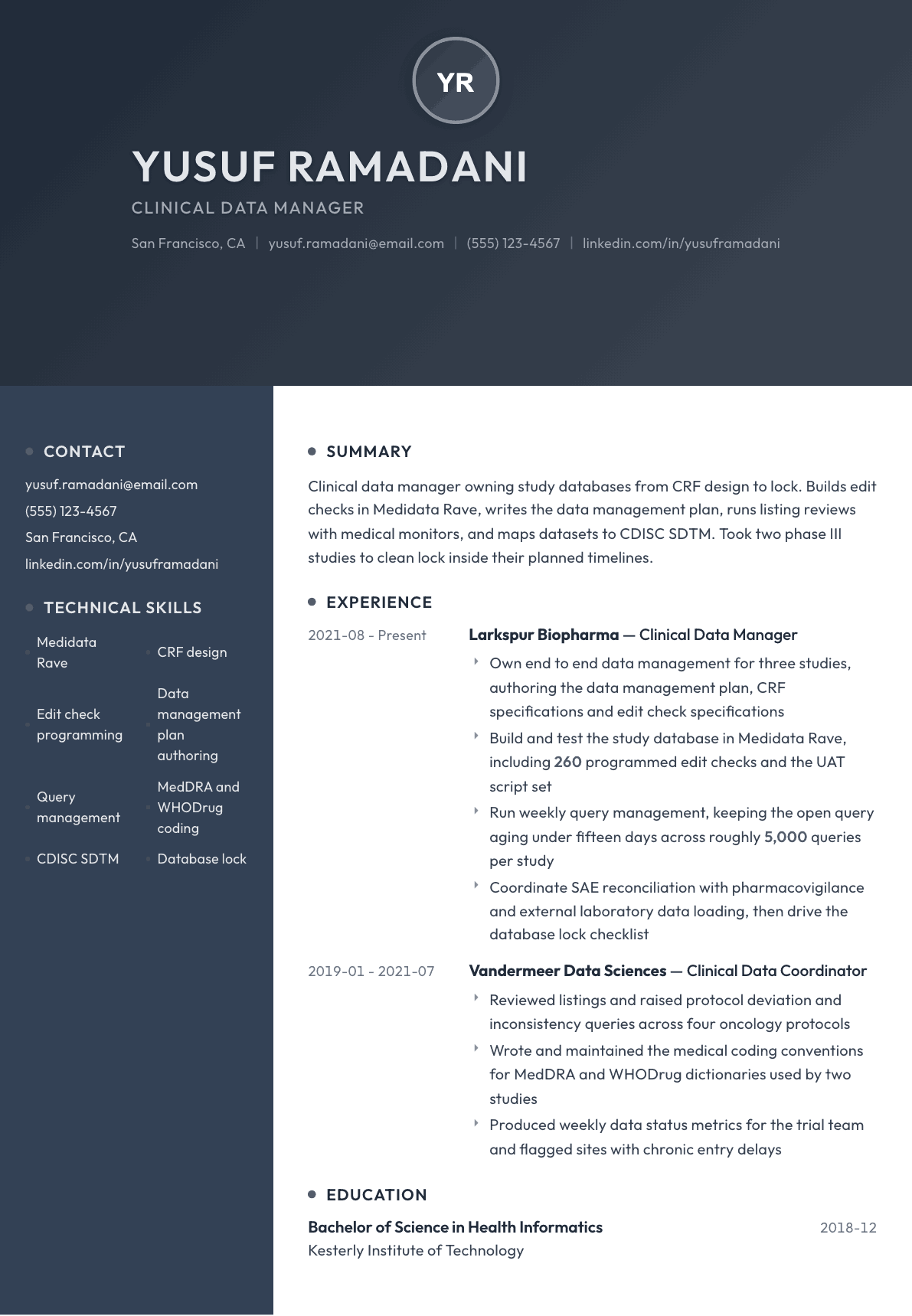 Clinical Data Manager resume example, Binary template