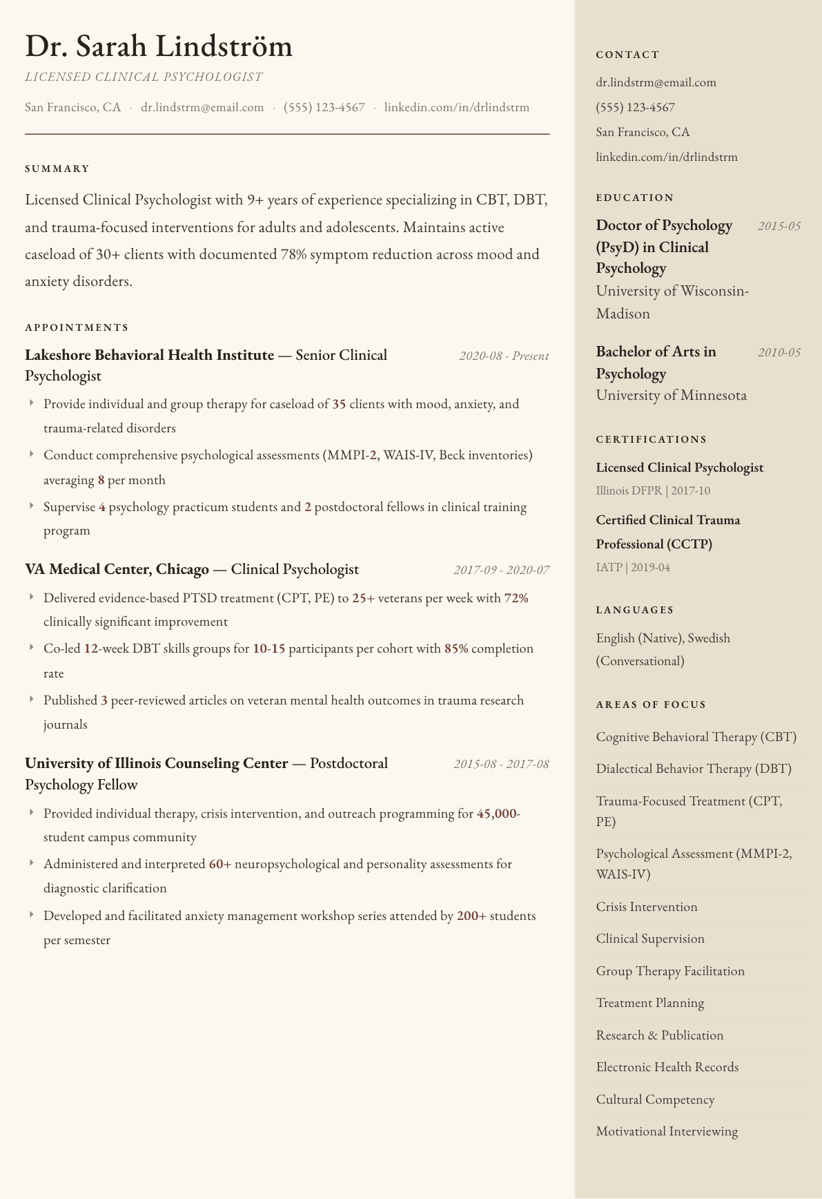 Clinical Psychologist resume example, Manuscript template
