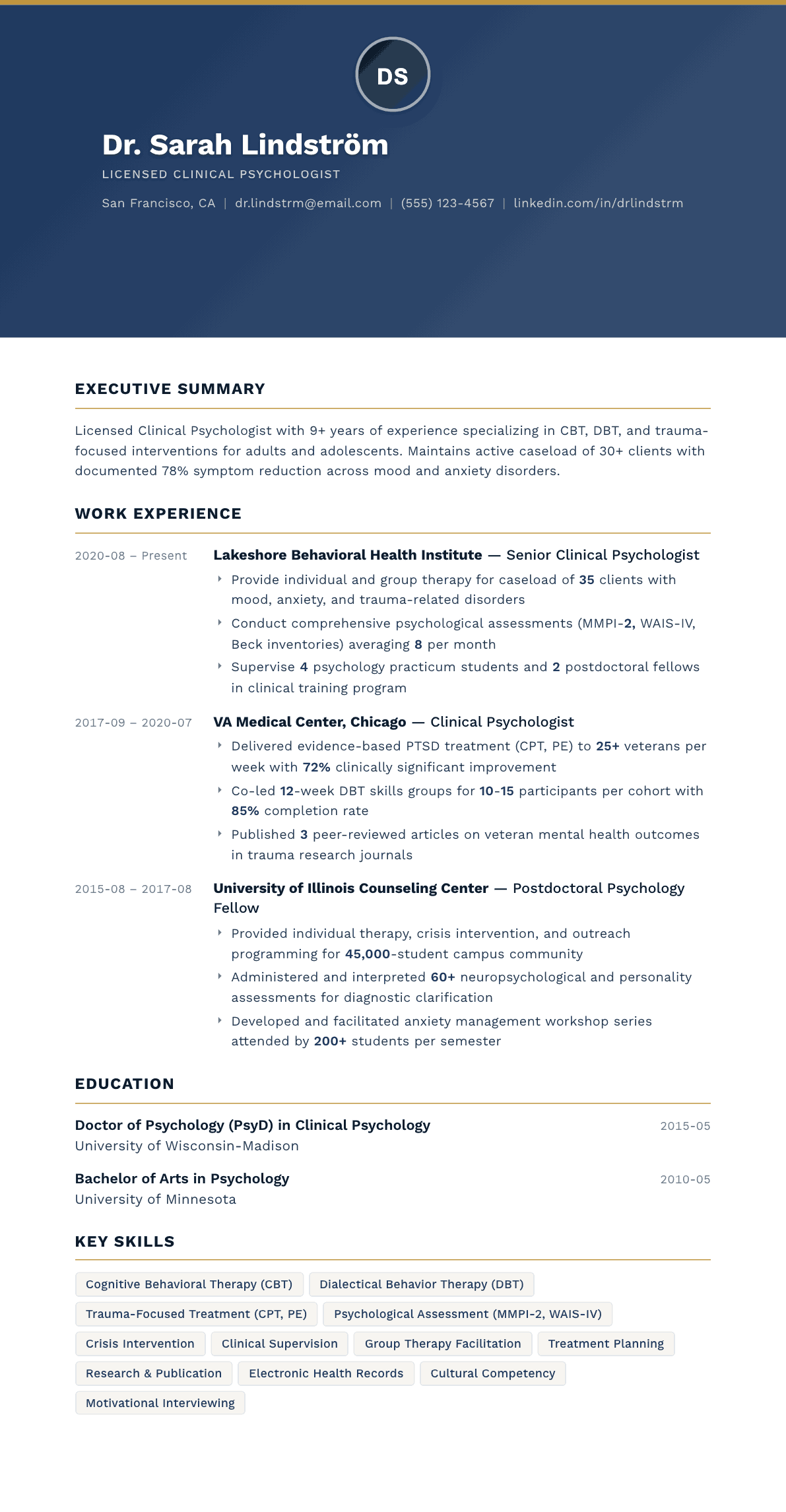 Clinical Psychologist resume example, Sovereign template