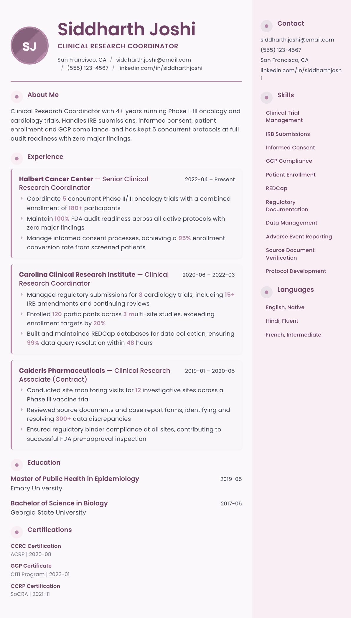Clinical Research Coordinator resume example, Bloom template