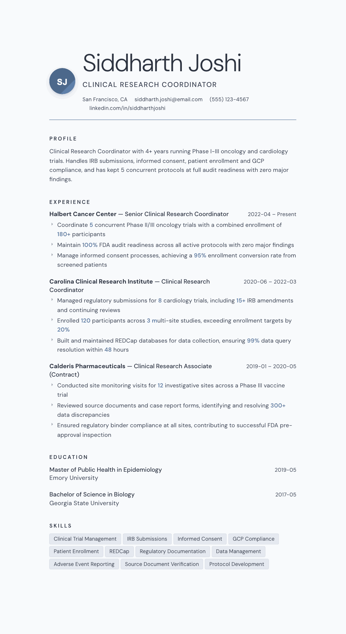Clinical Research Coordinator resume example, Nordic template