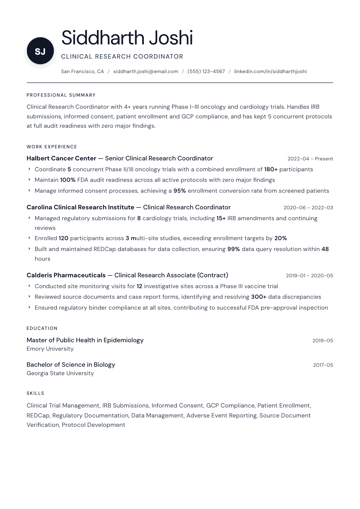 Clinical Research Coordinator resume example, Stockholm template