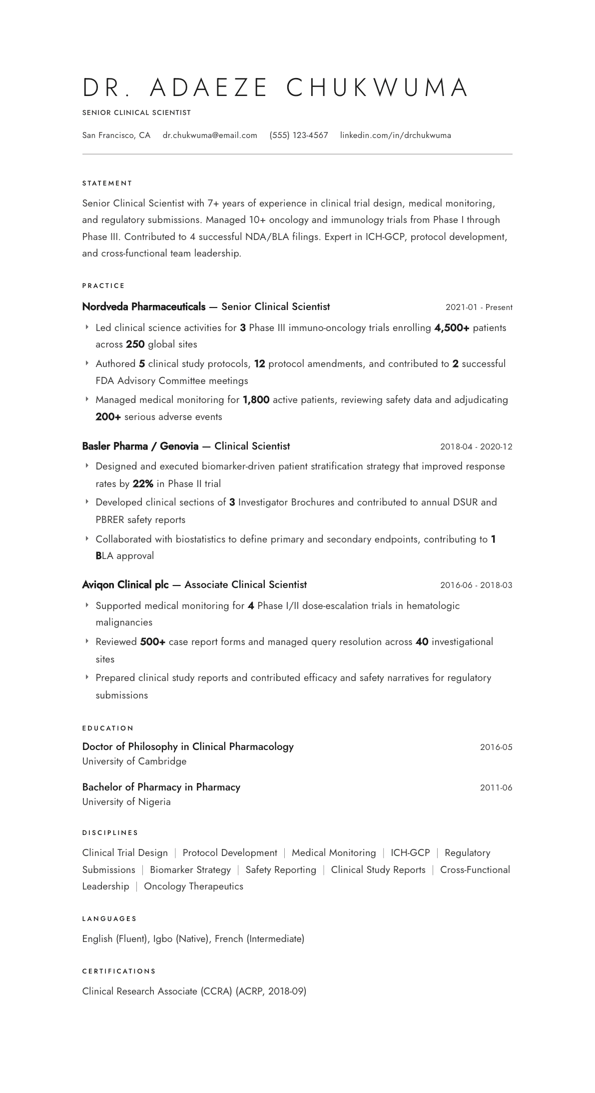 Clinical Scientist resume example, Atelier template