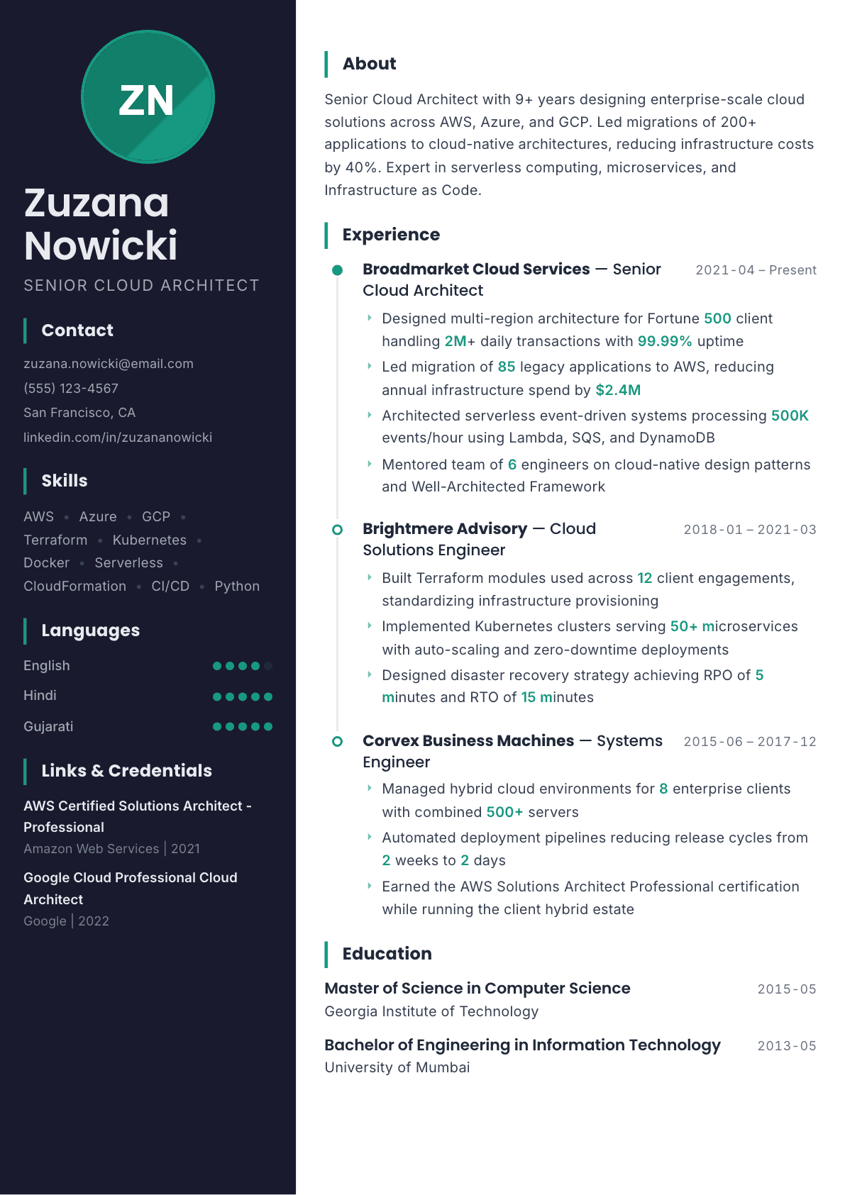 Cloud Architect resume example, Bapak template