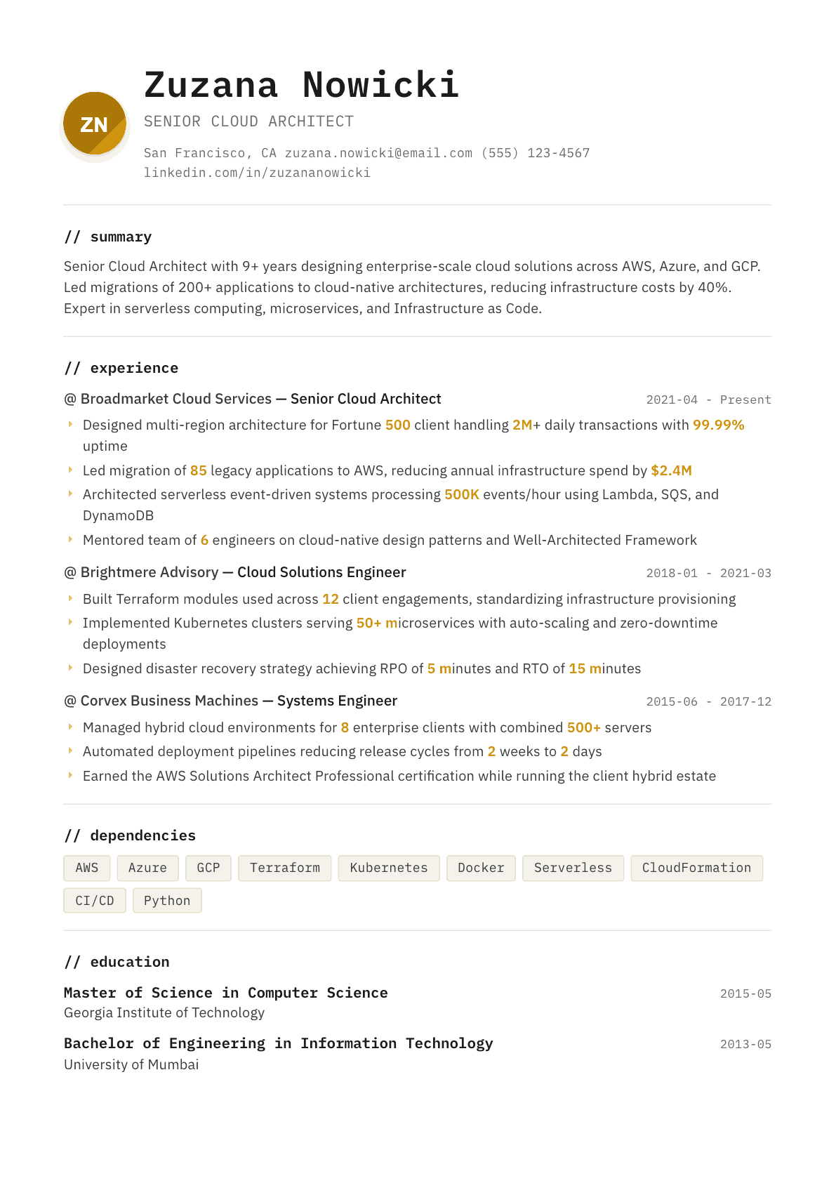 Cloud Architect resume example, Terminal template