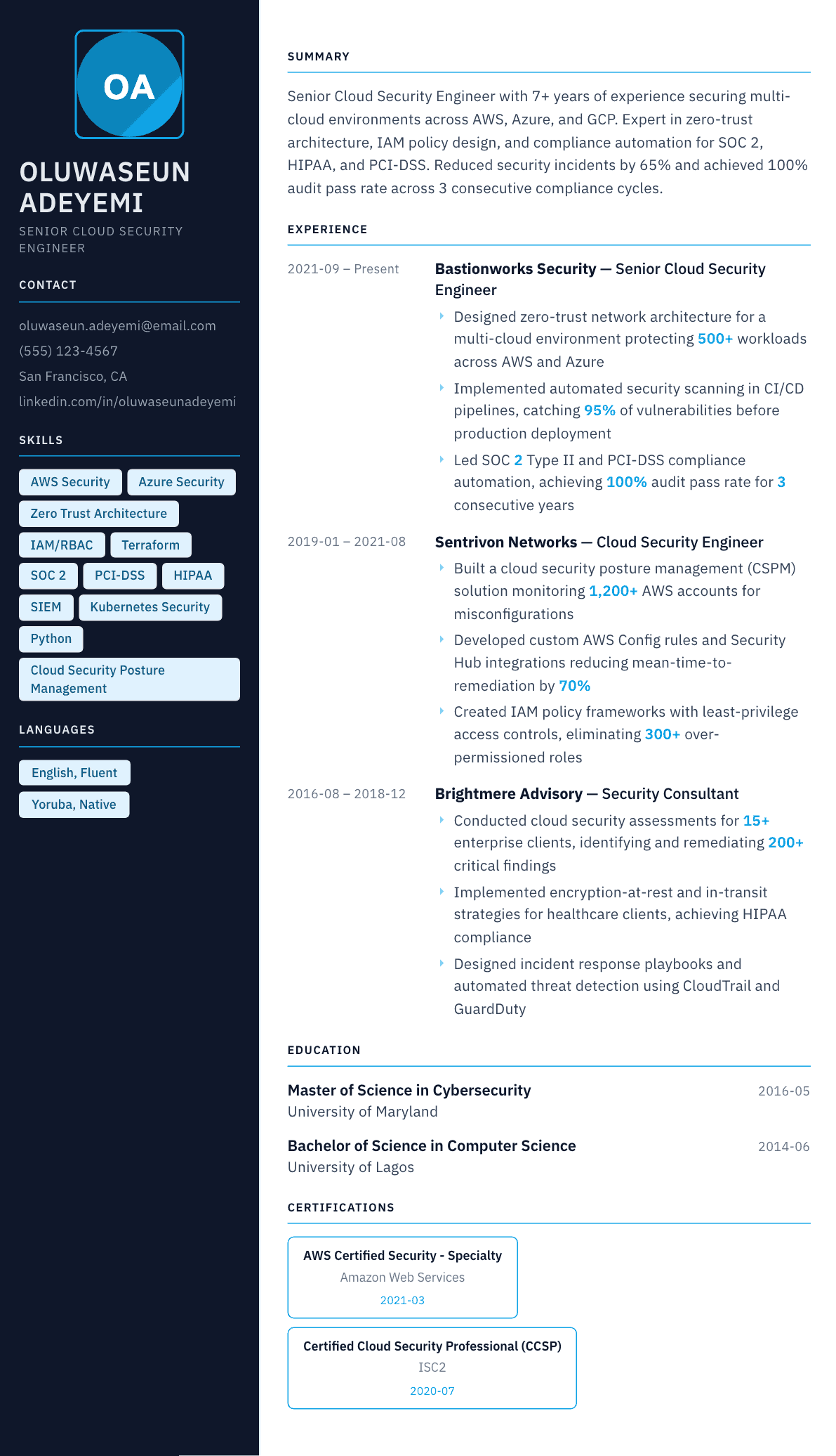 Cloud Security Engineer resume example, Everest template