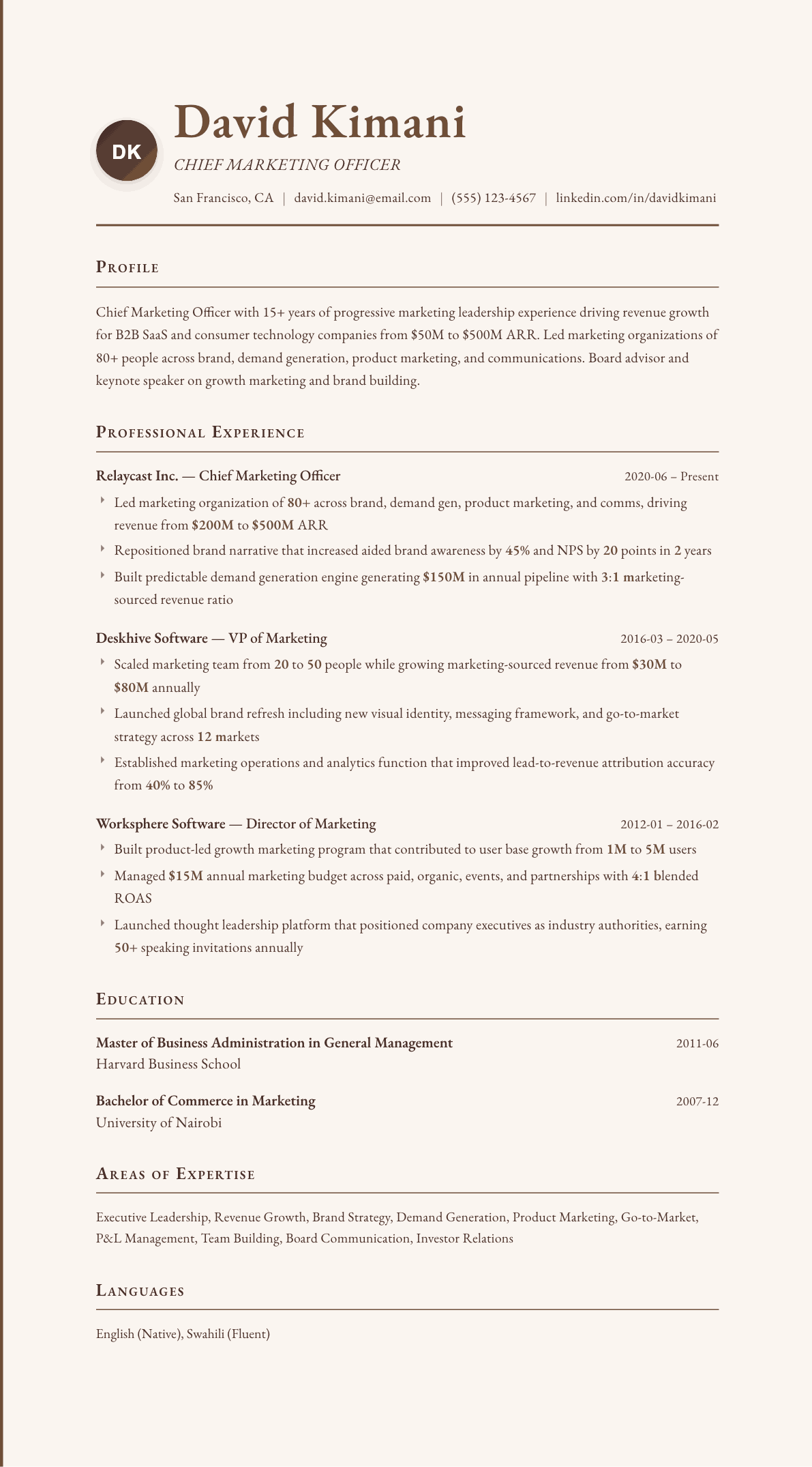CMO resume example, Vintage template