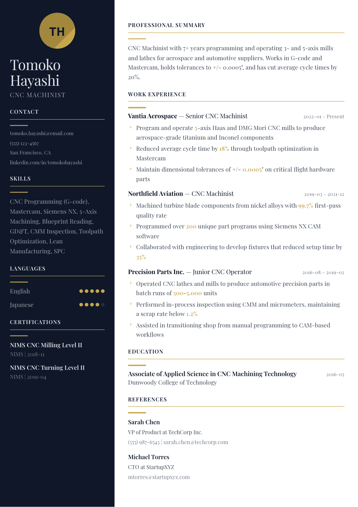 CNC Machinist resume example, Zurich template