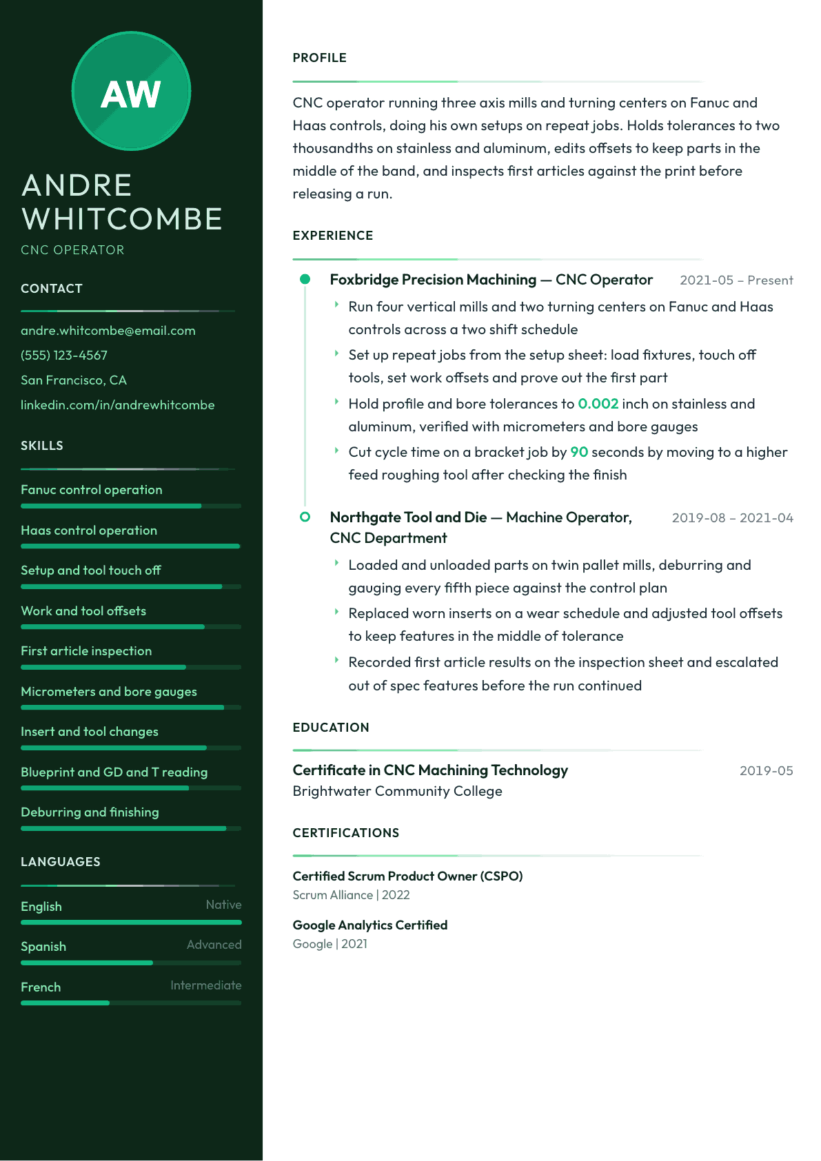 CNC Operator resume example, Meridian template