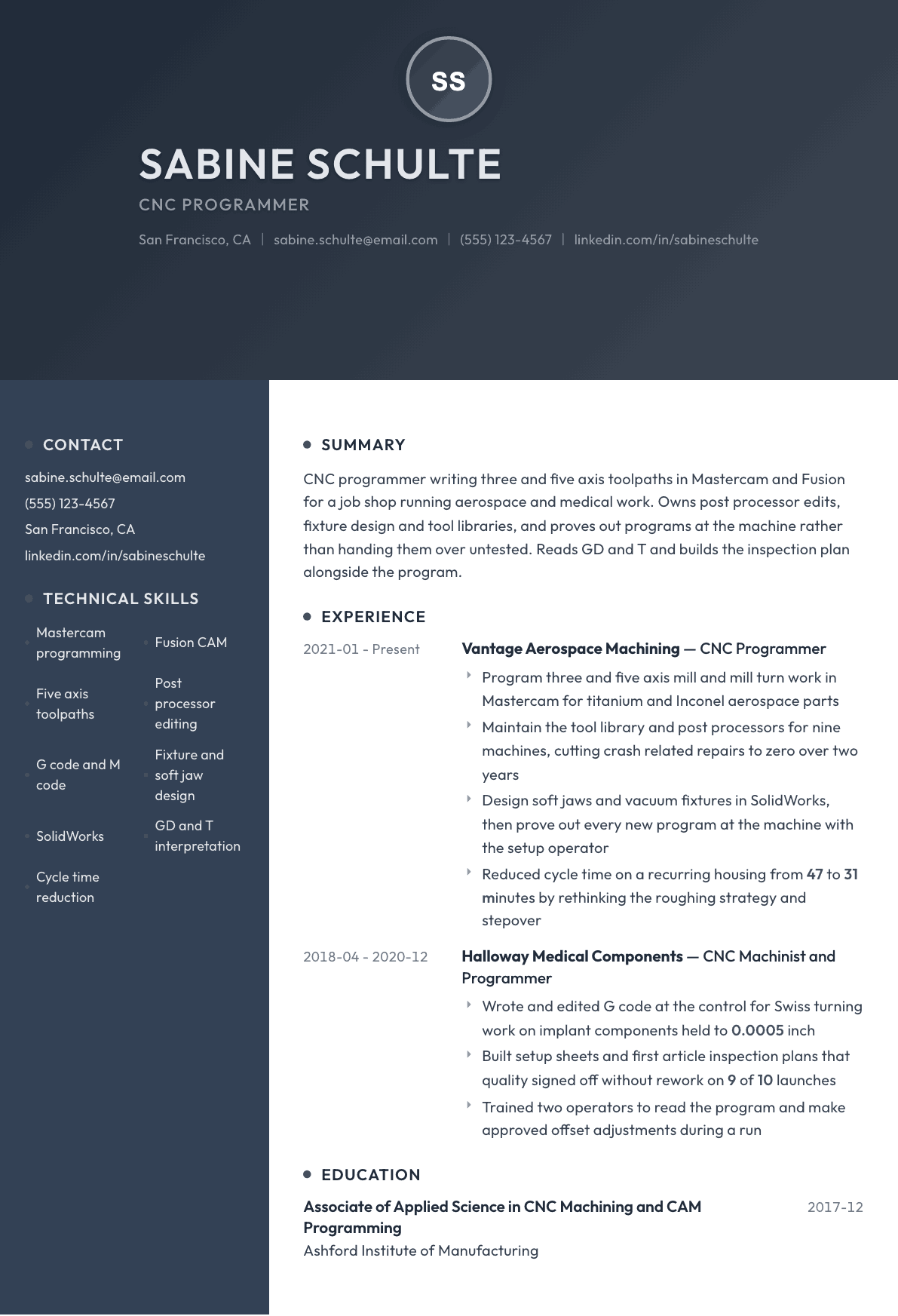 CNC Programmer resume example, Binary template