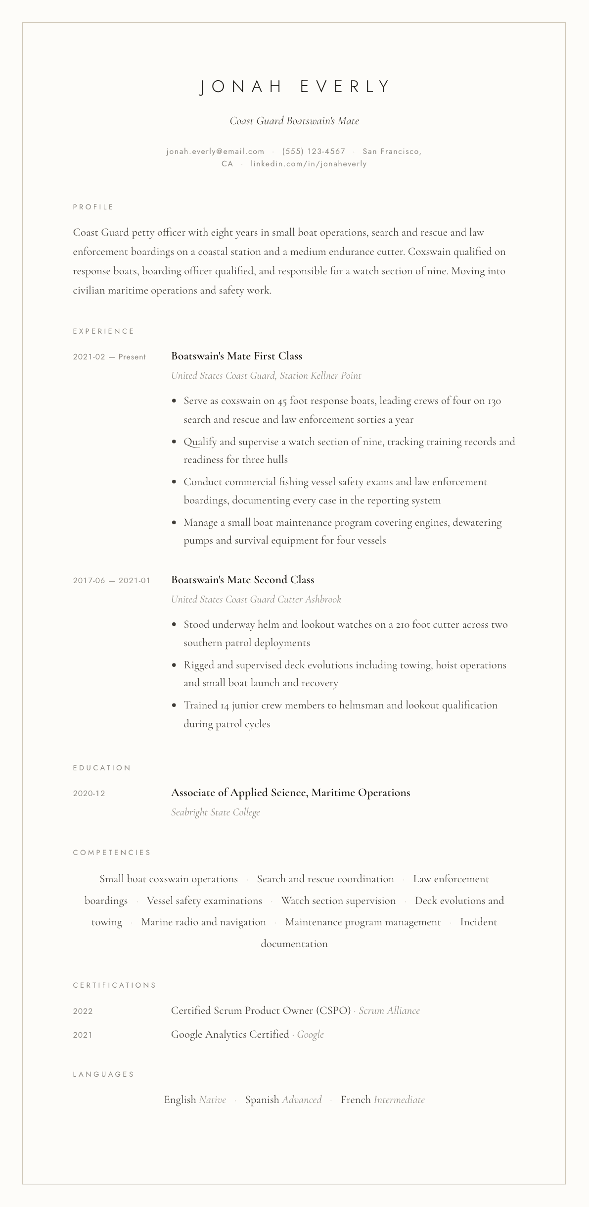Coast Guard resume example, Vellum template
