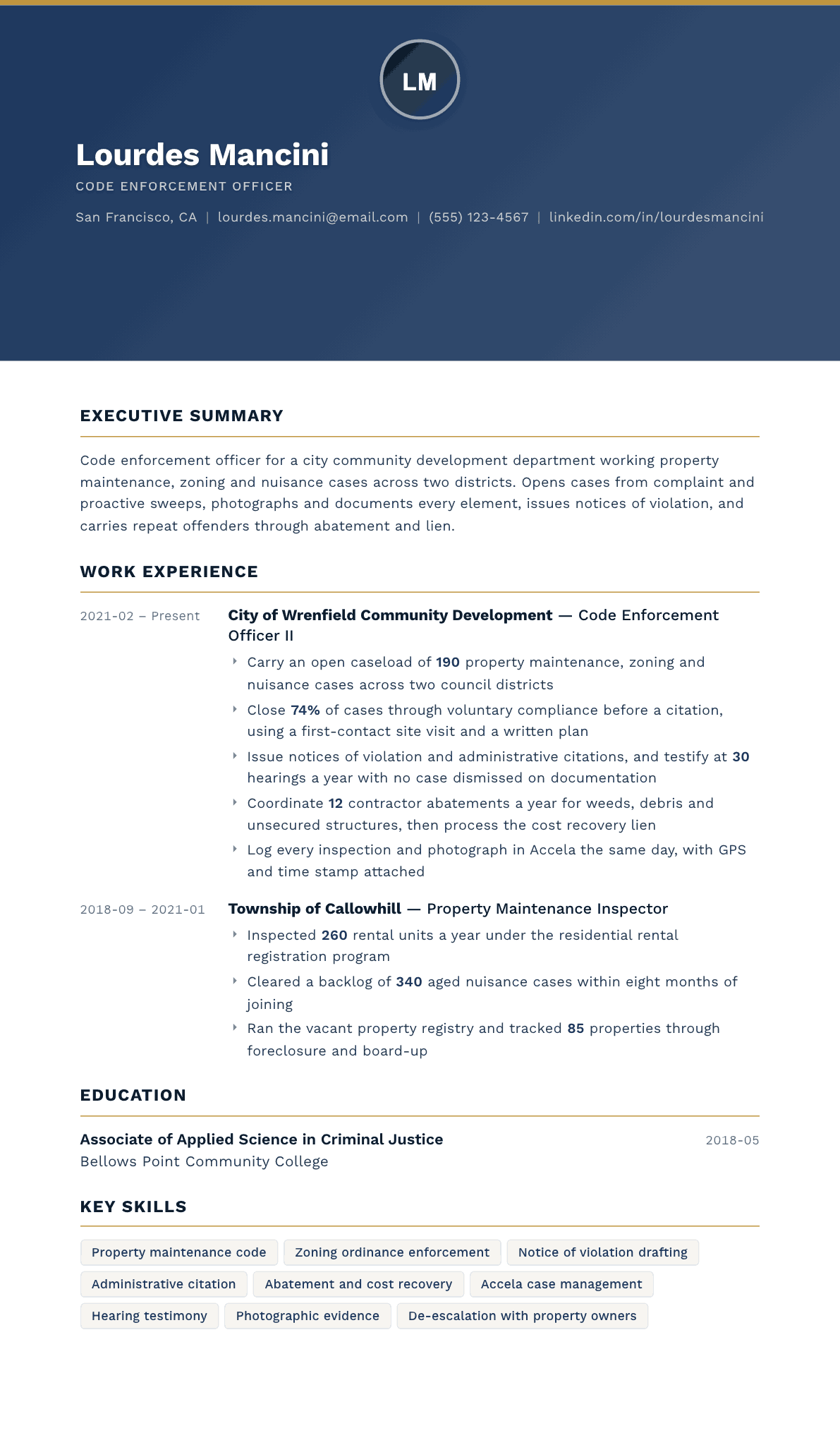 Code Enforcement Officer resume example, Sovereign template