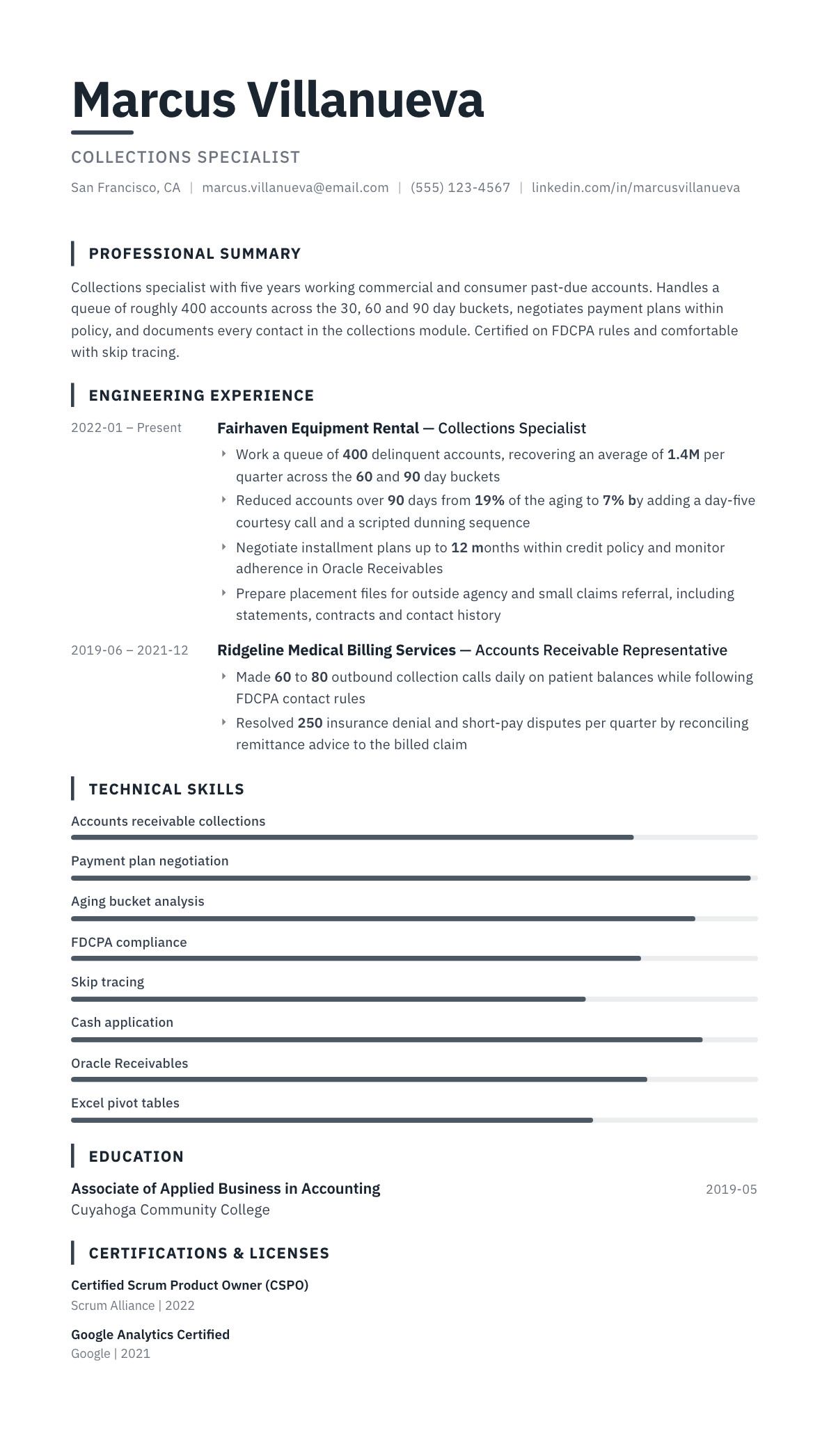 Collections Specialist resume example, Blueprint template