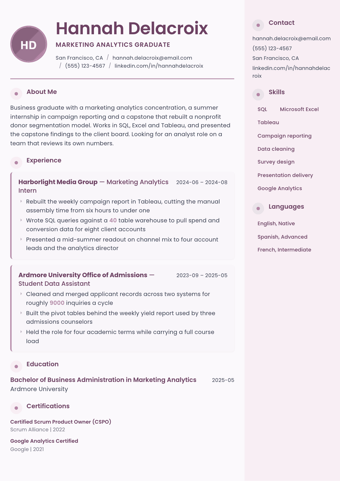 College Graduate resume example, Bloom template