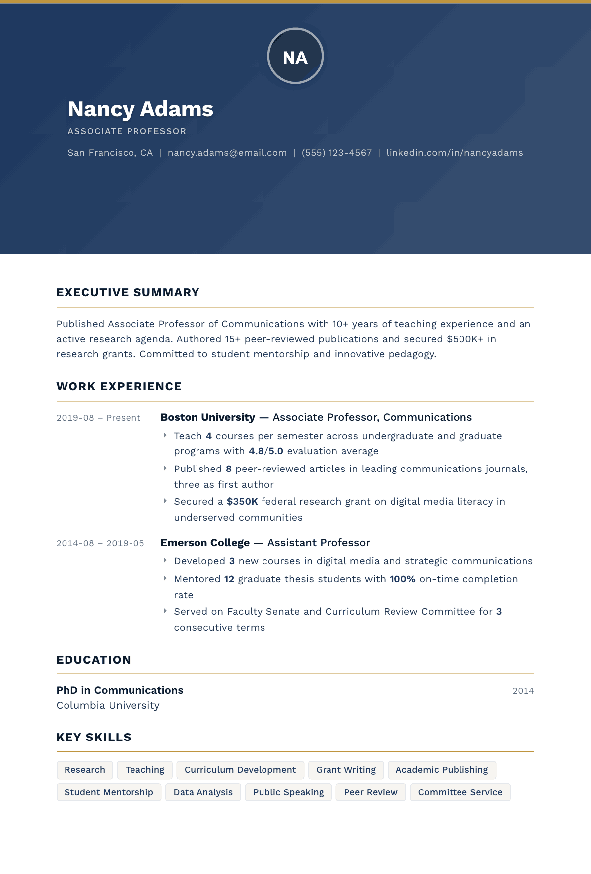 College Professor resume example, Sovereign template