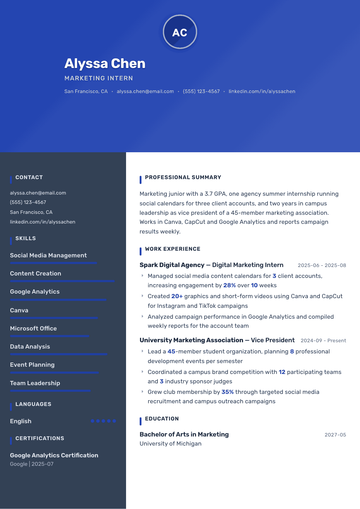 College Student resume example, Barcelona template