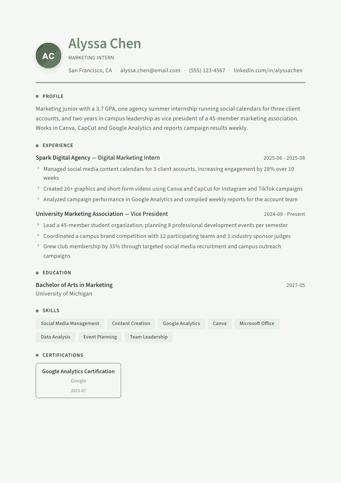 College Student resume example, Sage Garden template