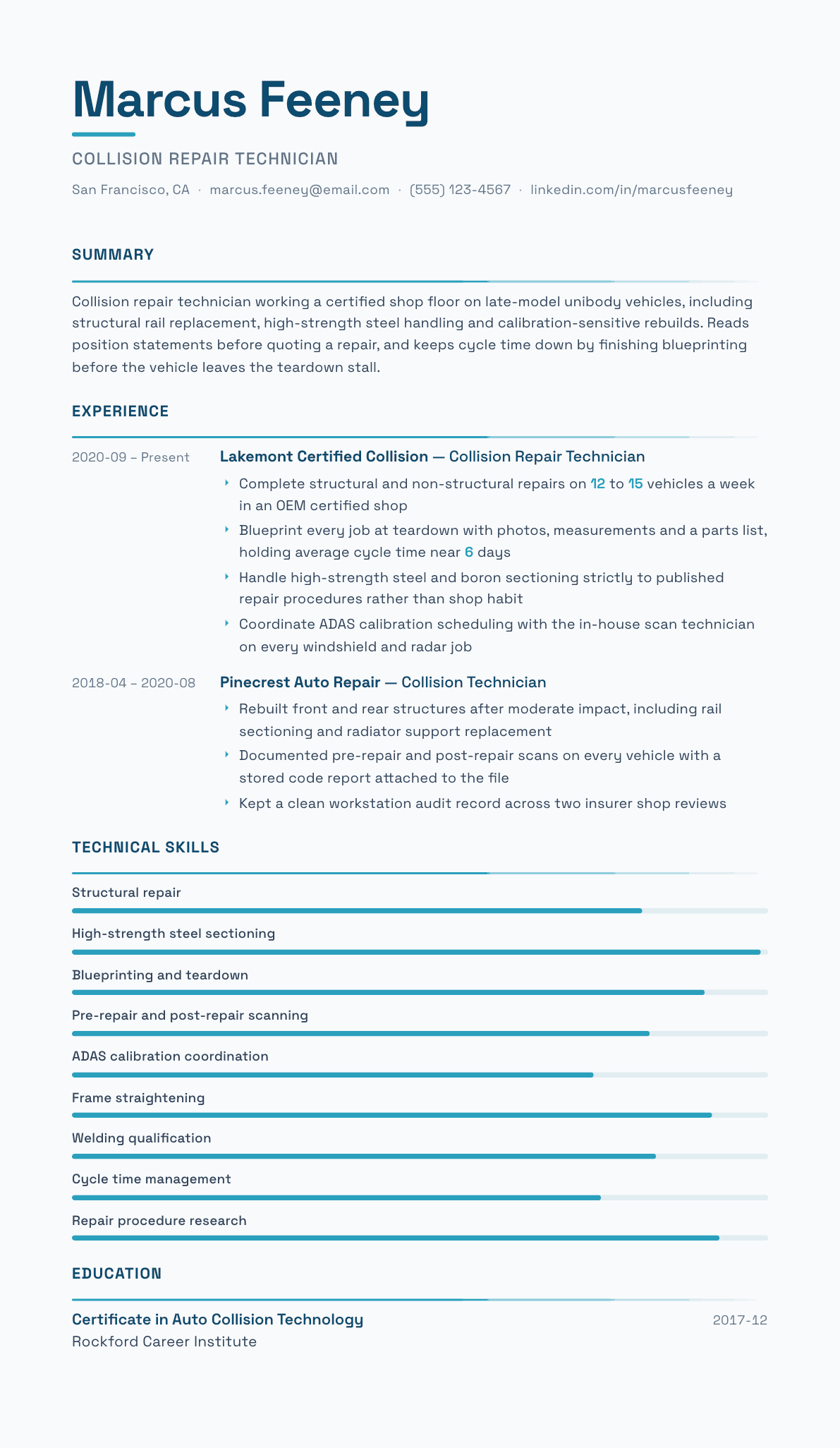 Collision Repair Technician resume example, Velocity template