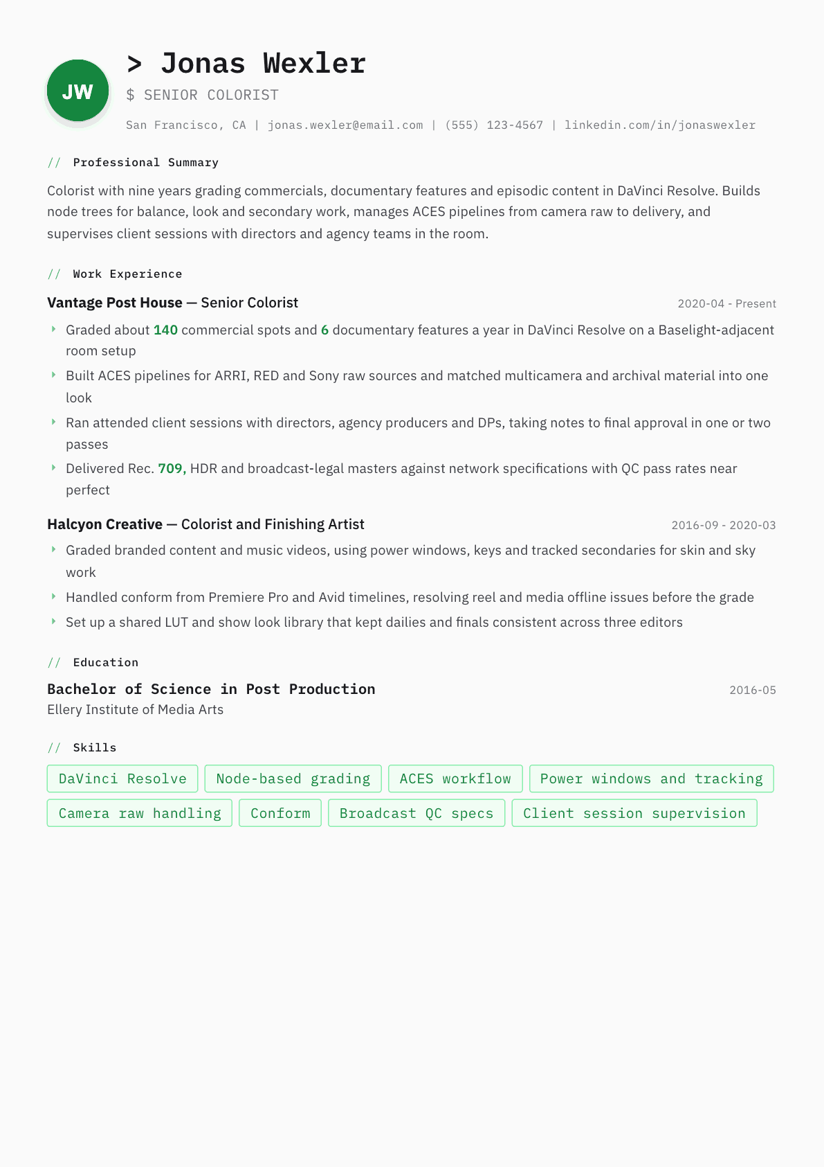 Colorist resume example, Amsterdam template