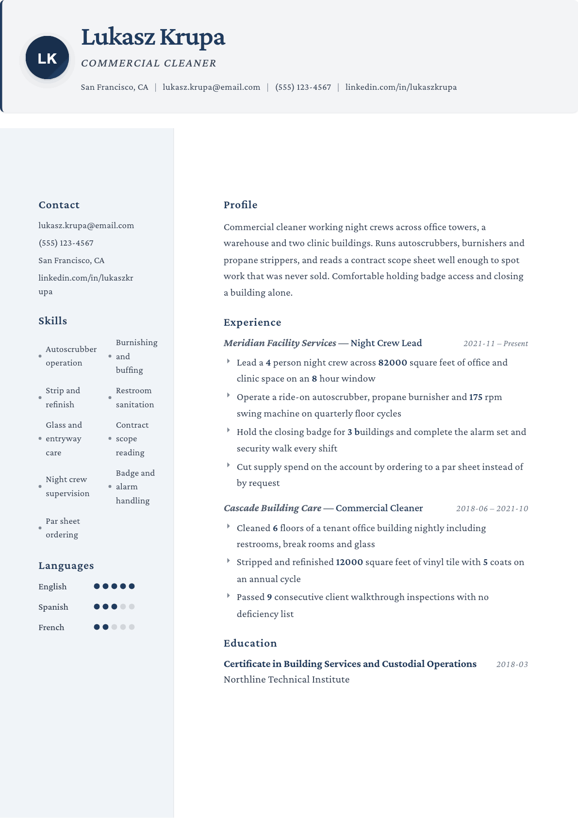 Commercial Cleaner resume example, Formal template