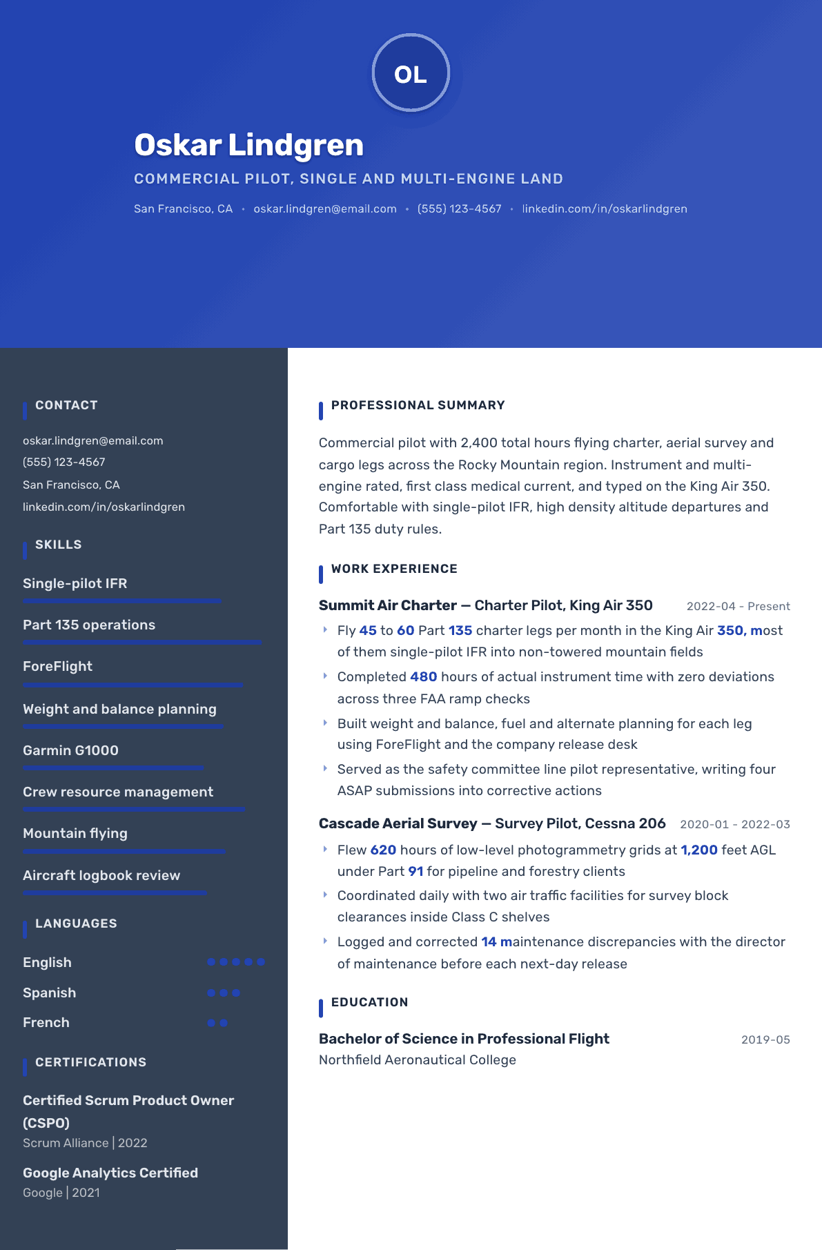 Commercial Pilot resume example, Barcelona template