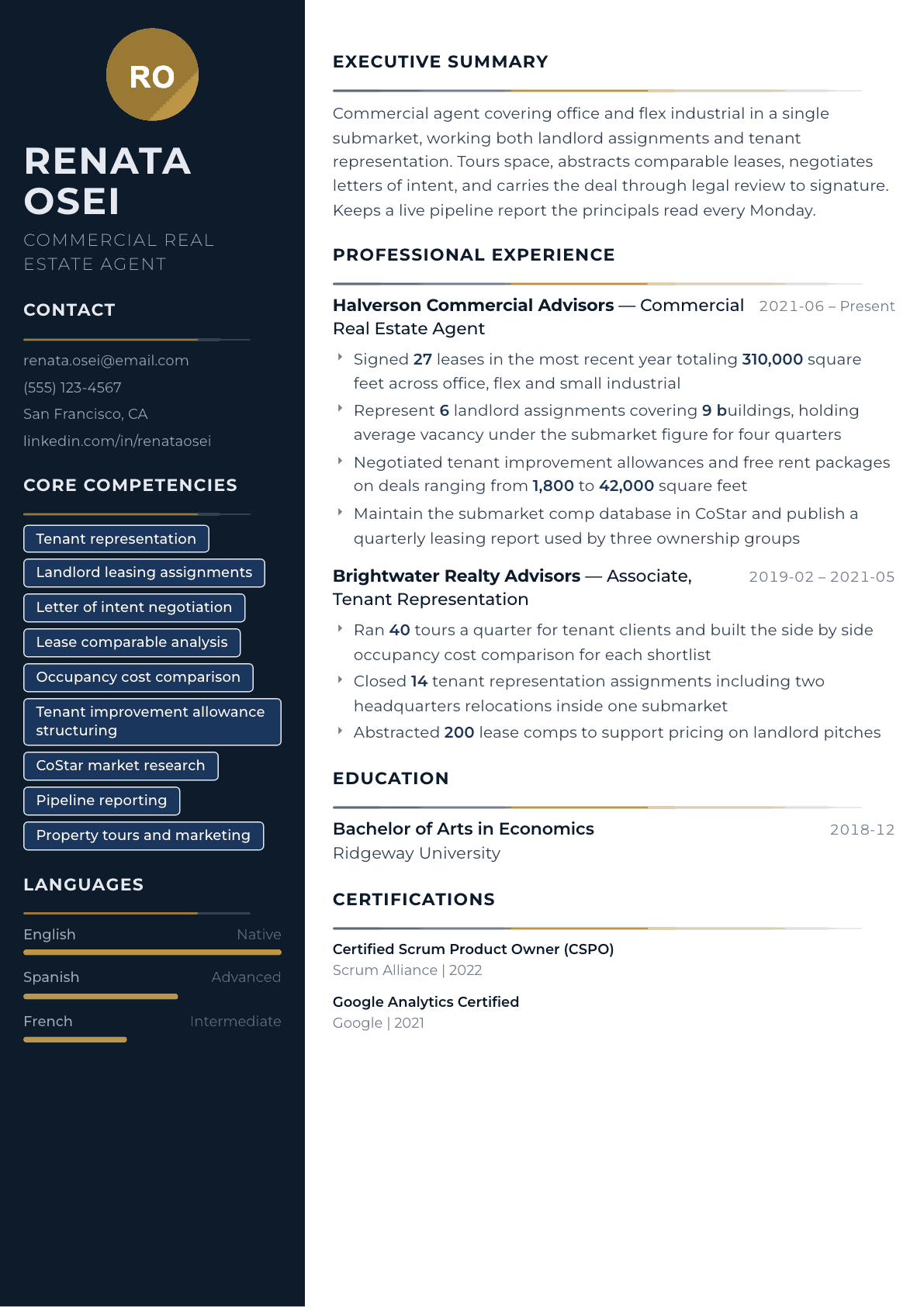 Commercial Real Estate Agent resume example, Catalyst template