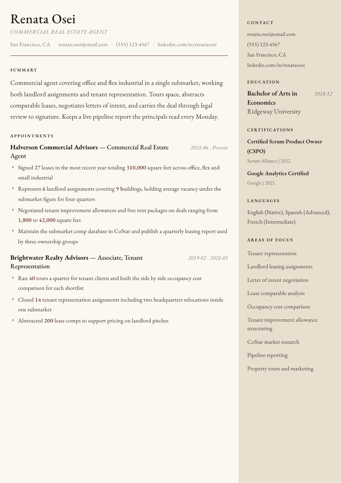 Commercial Real Estate Agent resume example, Manuscript template