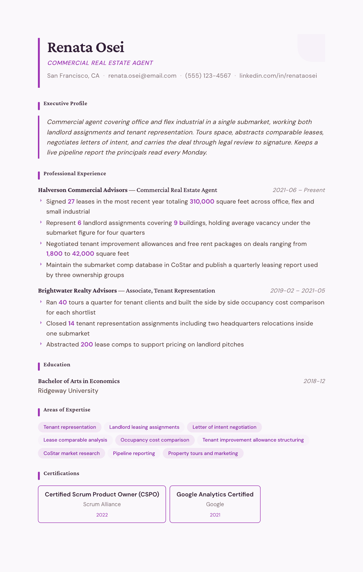 Commercial Real Estate Agent resume example, Plum Noir template