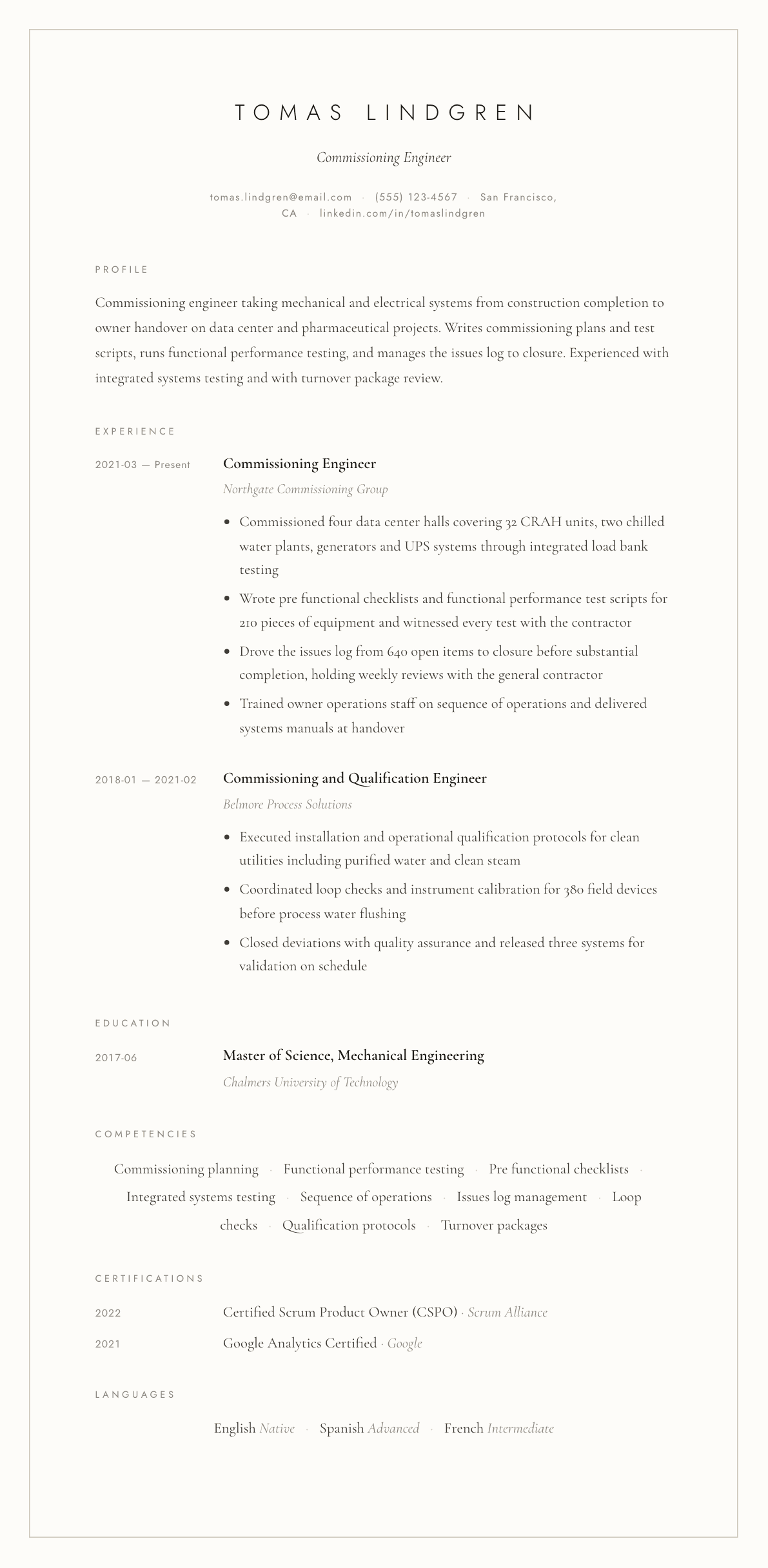 Commissioning Engineer resume example, Vellum template