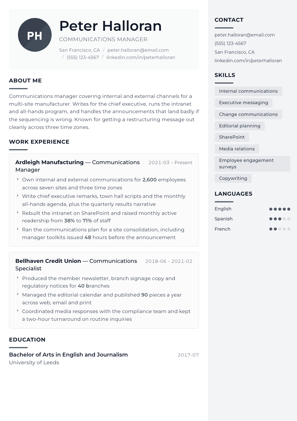 Communications Manager resume example, Metropolitan template