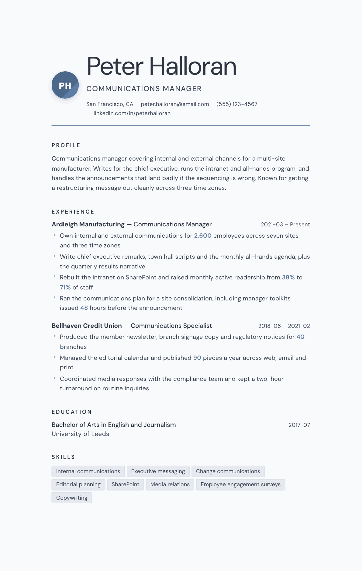 Communications Manager resume example, Nordic template