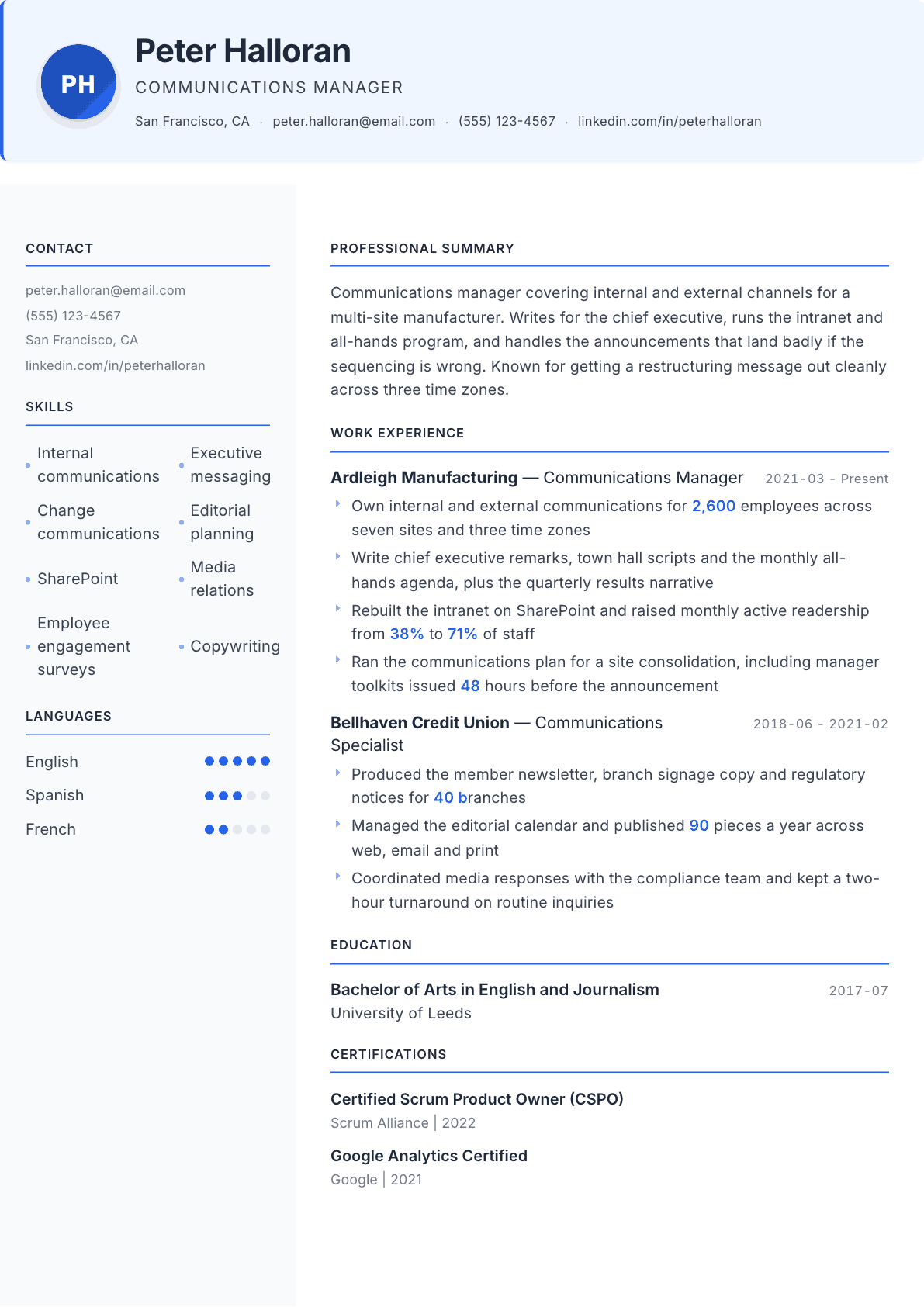 Communications Manager resume example, Geneva template