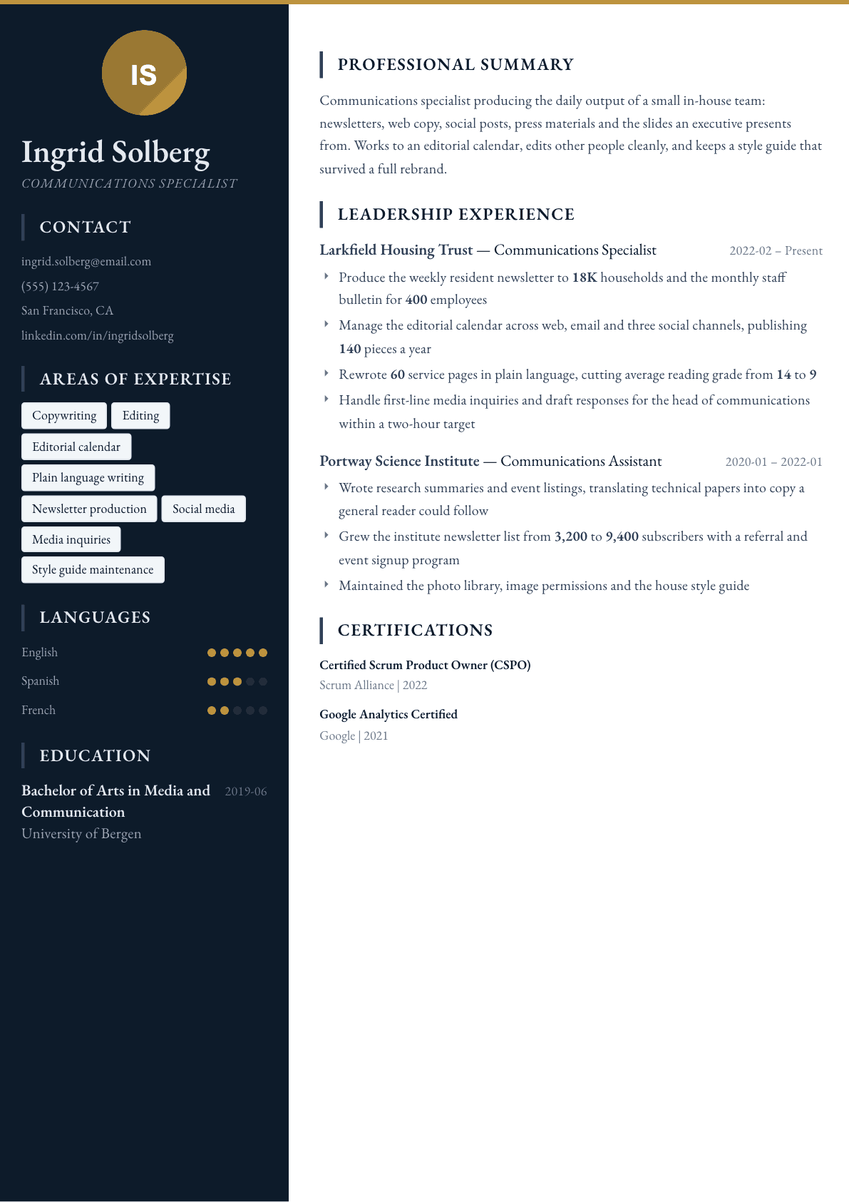 Communications Specialist resume example, Presidio template