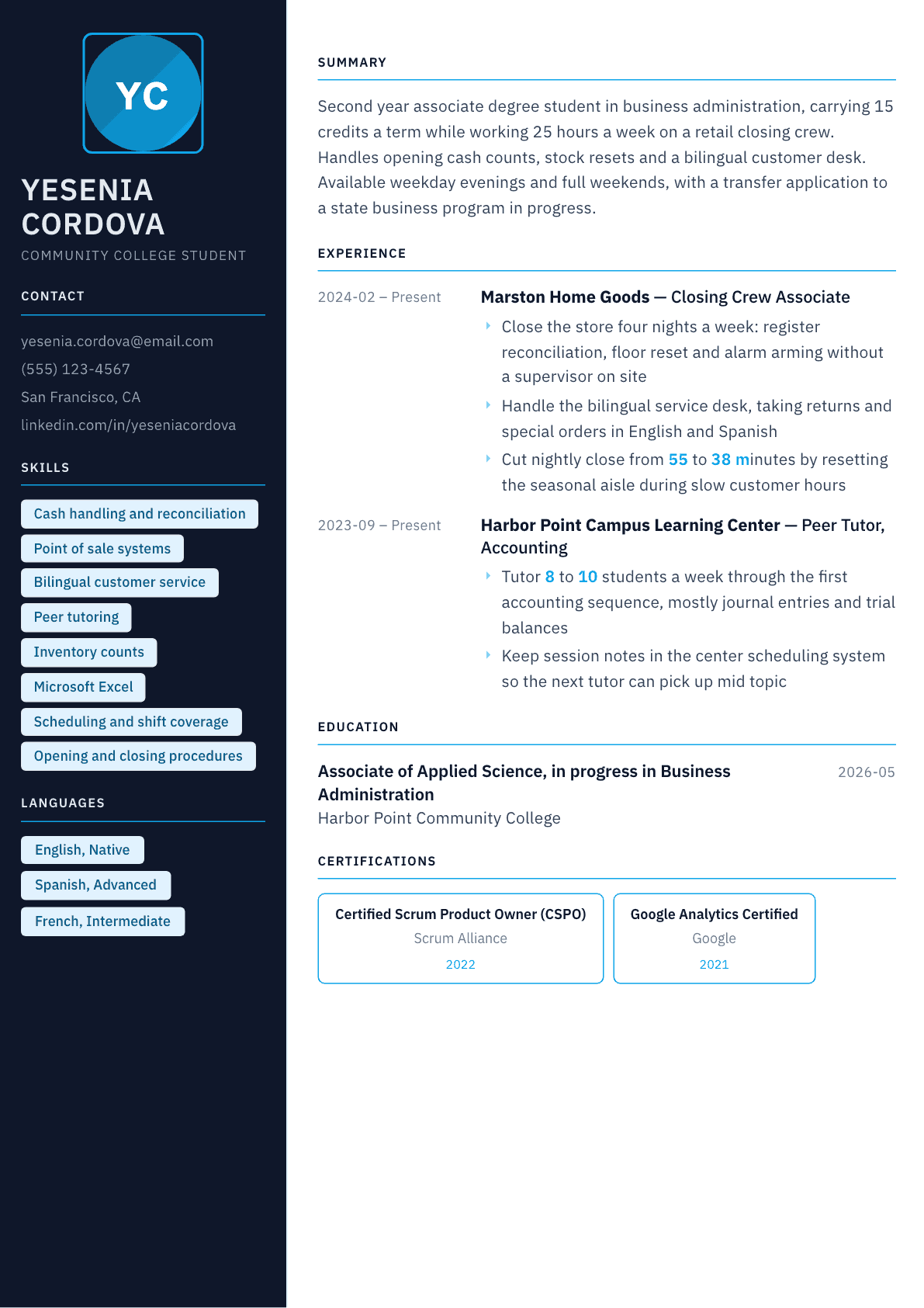 Community College Student resume example, Everest template