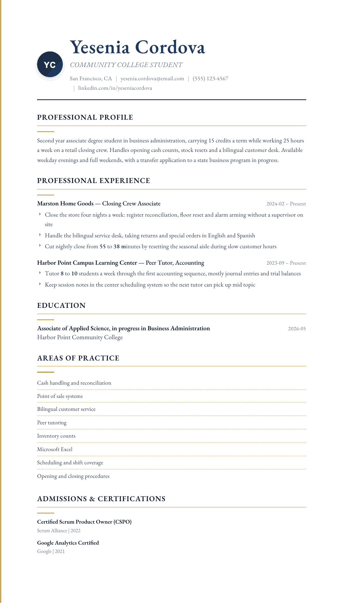 Community College Student resume example, Folio template