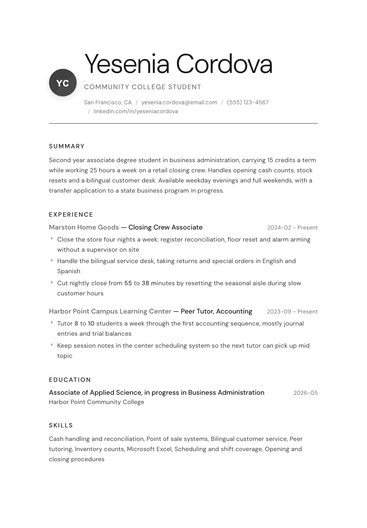 Community College Student resume example, Whisper template
