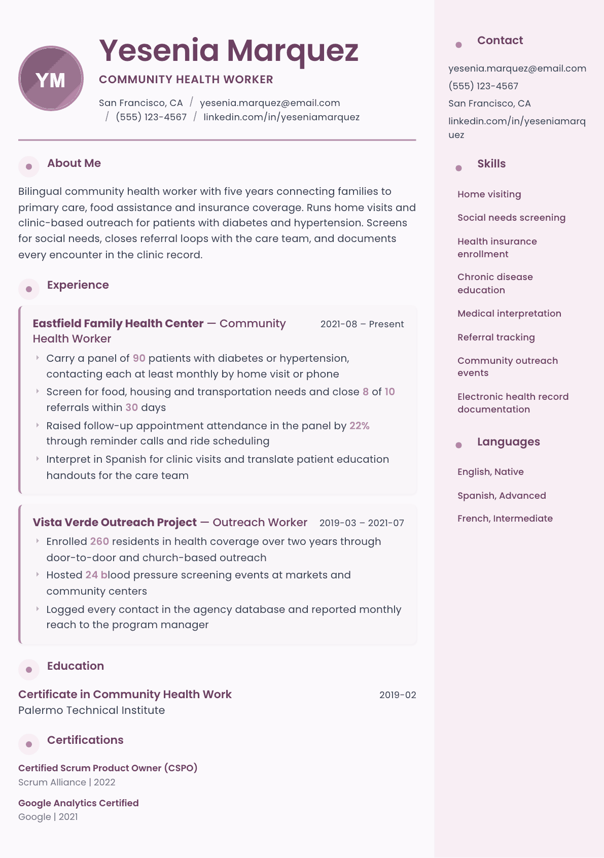 Community Health Worker resume example, Bloom template
