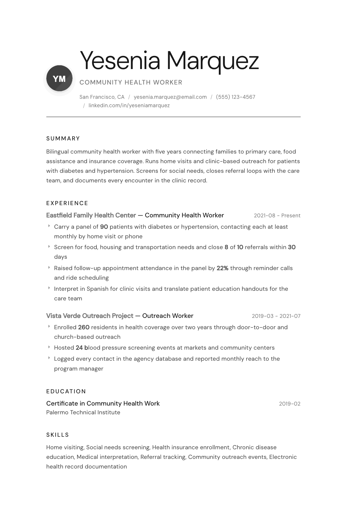 Community Health Worker resume example, Whisper template
